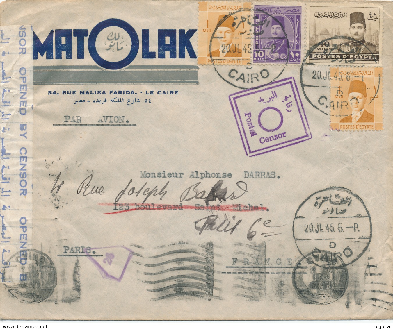 DDW 031 -- EGYPT WWII CENSORSHIP - Air Mail Cover Franked CAIRO 1945 To PARIS - Censors Egypt Form And Triangle - Lettres & Documents