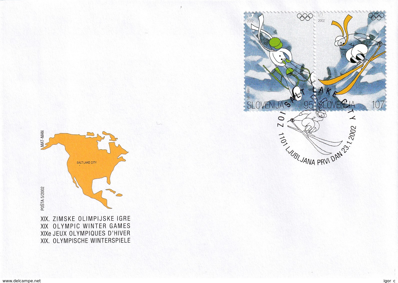 Slovenia Winter Olympic Games 2002 Salt Lake City; Acrobat Skiing; Sledge; FDC Cover - Inverno2002: Salt Lake City - Paralympic
