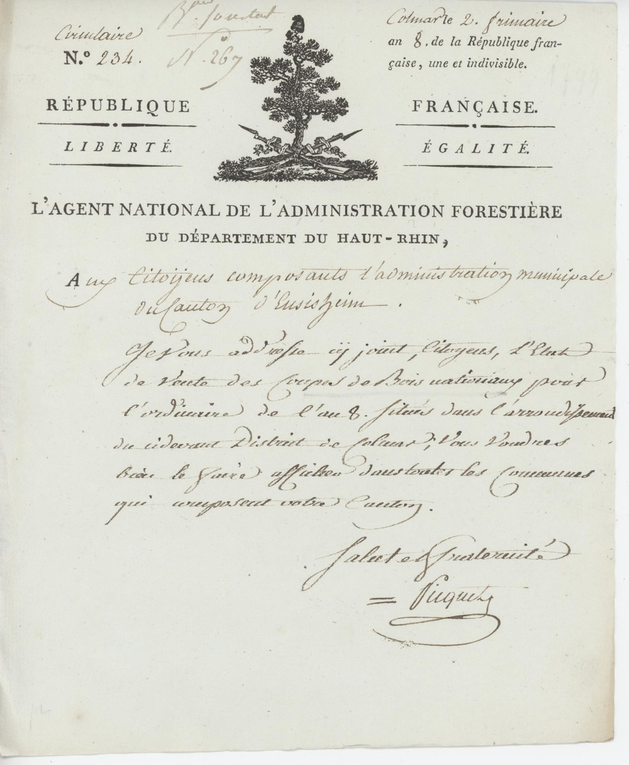 Héraldique Colmar An 8 - 23.11.1799 L'Administration Forestière Pour Ensisheim - Historical Documents