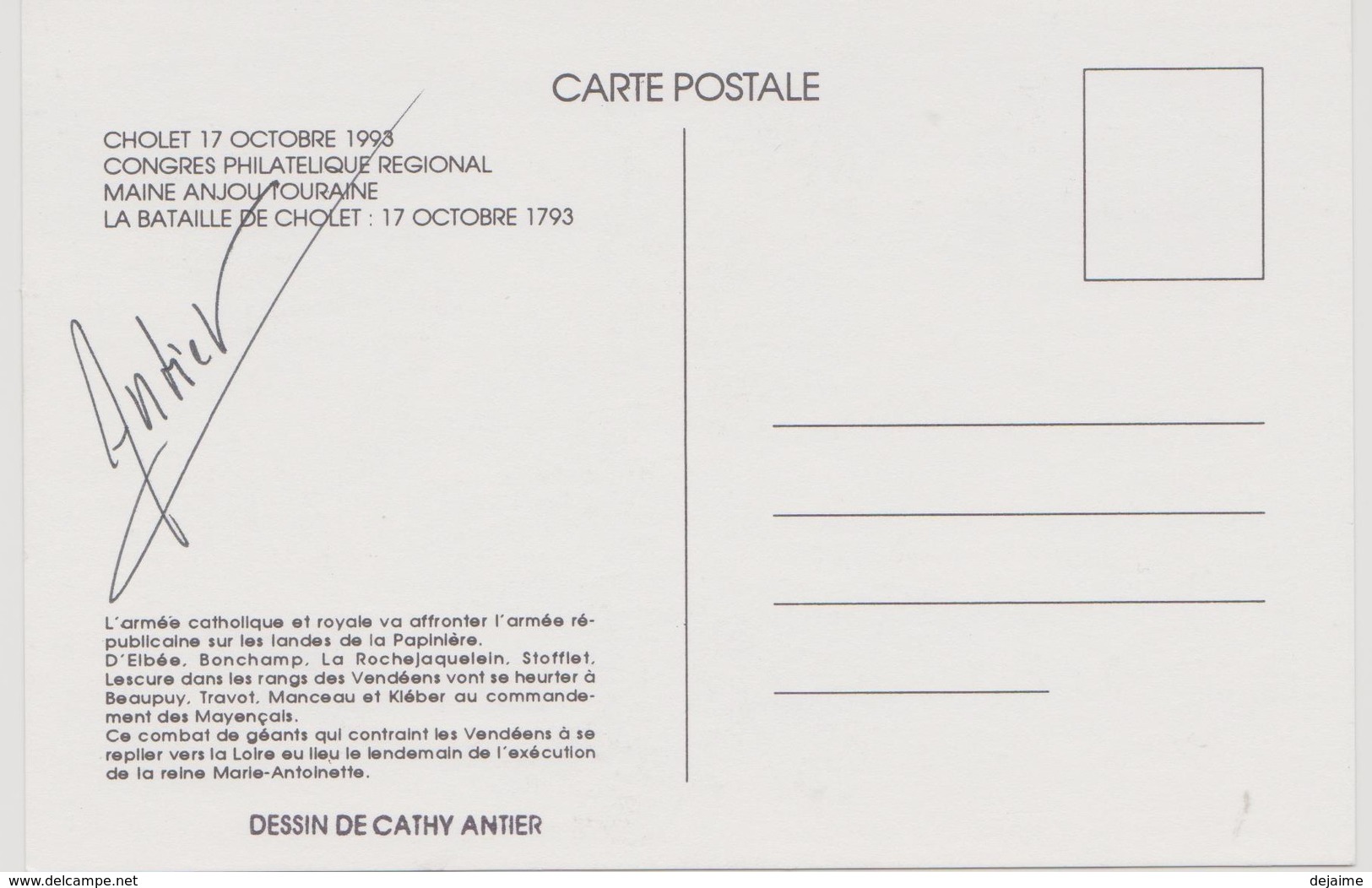 FRANCE 1993 Carte Signée Congrès Phil. Rég. Maine Anjou Touraine 16/17 Oct 1993, Bicentenaire Bataille De Cholet RARE - Storia Postale