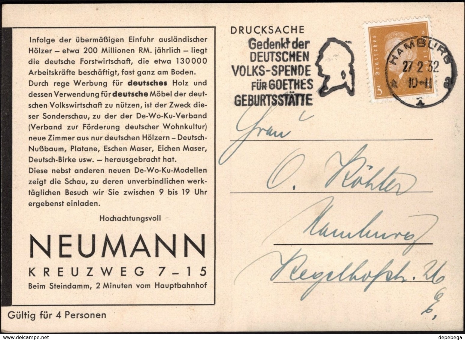 Germany - Reklame Postkarte, Einlandung Zum Sonderschau Deutsche Heim -Deutsche Holz, NEUMANN Möbel, Hmburg 27.2.1932. - Briefe U. Dokumente