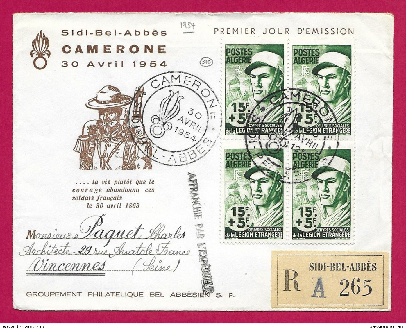 Enveloppe Datée De 1954 - Bloc De Quatre Timbres "Légion Étrangère" - Timbre Humide "Sidi Bel Abbès - Camerone" - Lettres & Documents