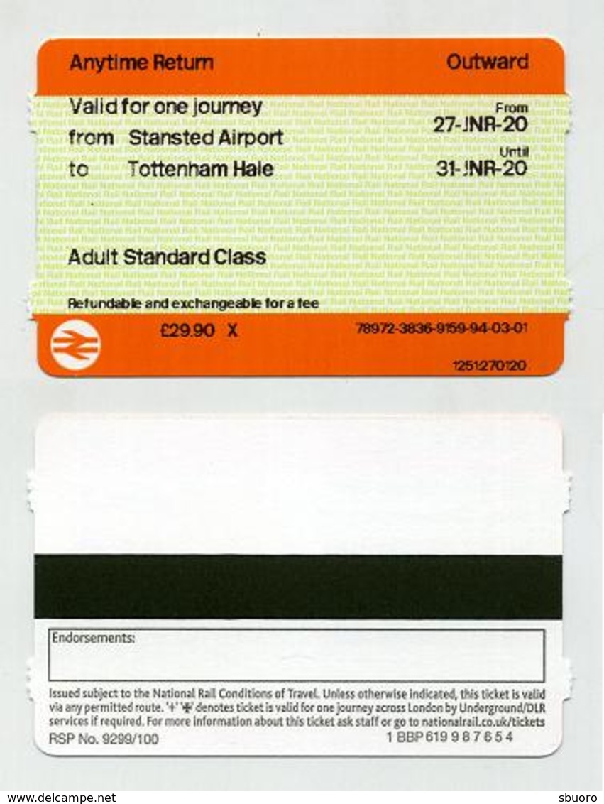 Transport Ticket. 2019. Adult. Go And Back. From Stansted Airport To Tottenham Hale. London Londres United Kingdom - Europa