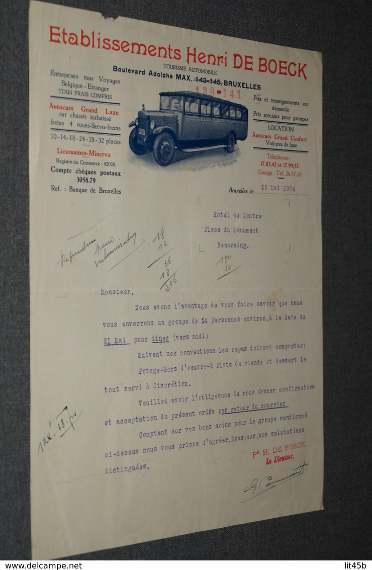 Ancienne Facture Lettre De 1934 ,Henri De Boeck,tourisme Automobile,autocars ,originale Pour Collection - 1900 – 1949