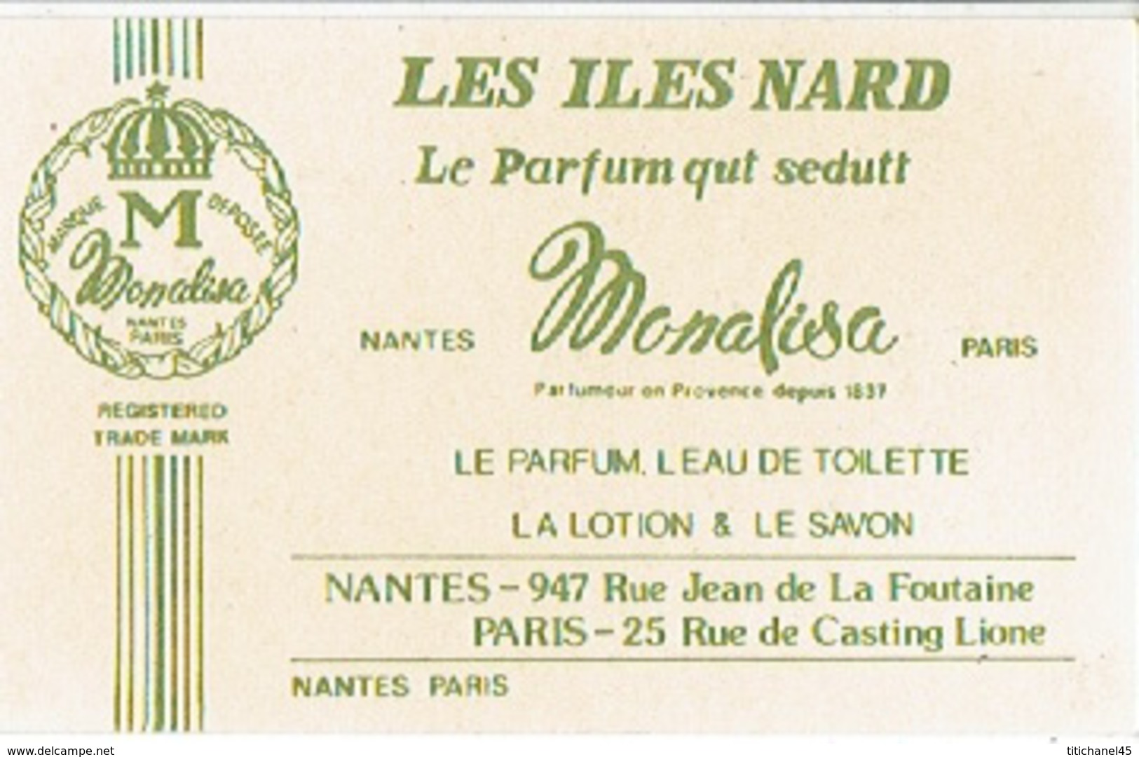 Carte Parfum - ILES NARD  De MONALISA Parfumeur à NANTES Et PARIS - Anciennes (jusque 1960)