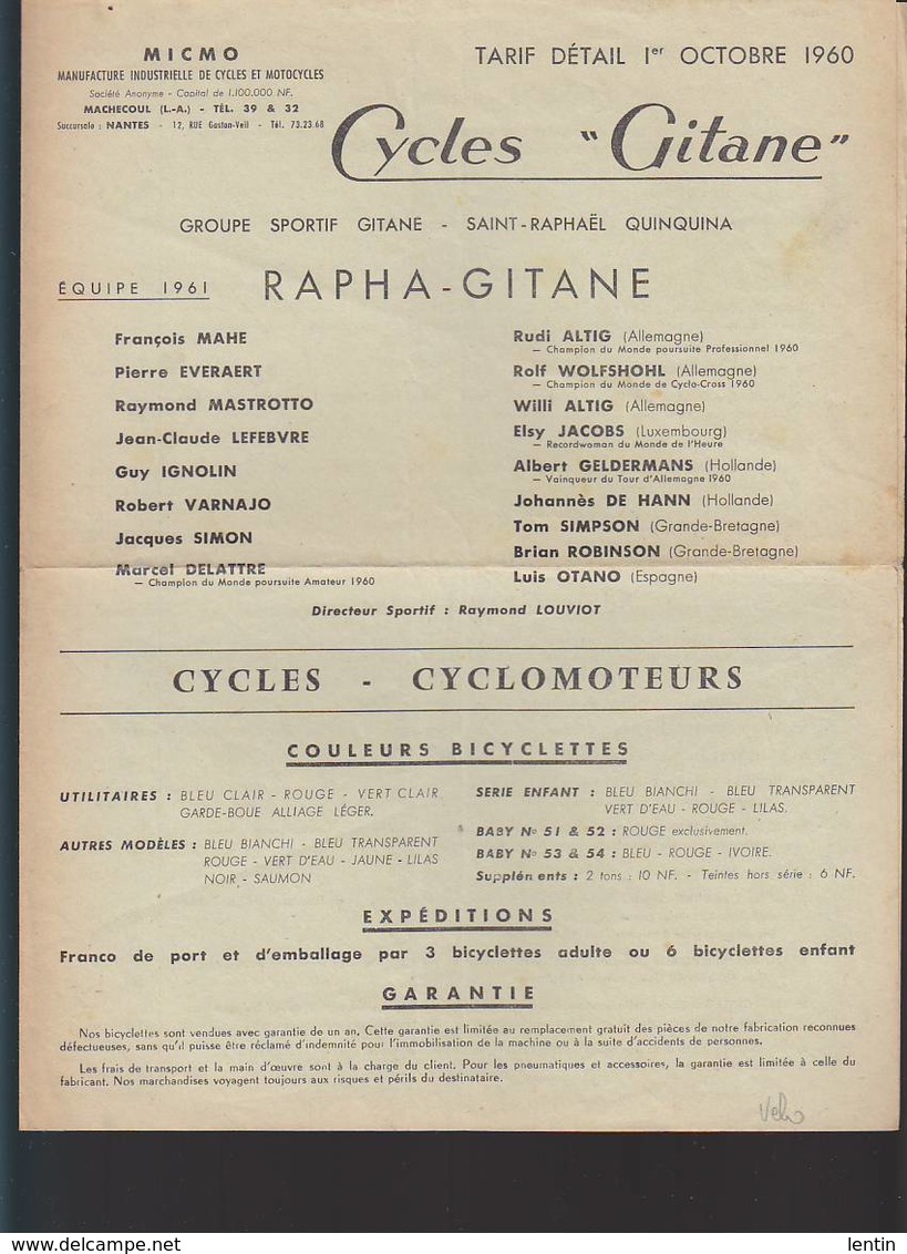 Vélo Cycle /  Cycles Gitane Machecoul Nantes / Tarif 1960 - 1900 – 1949