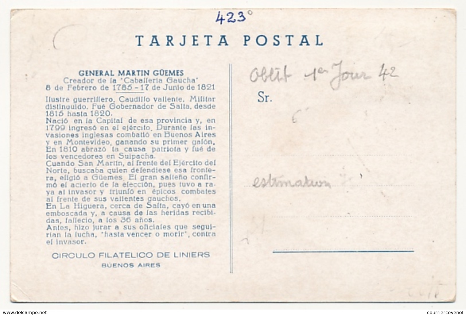 ARGENTINE - Carte Maximum - 15c - Général Martin GUEMES - 1942 - Lettres & Documents