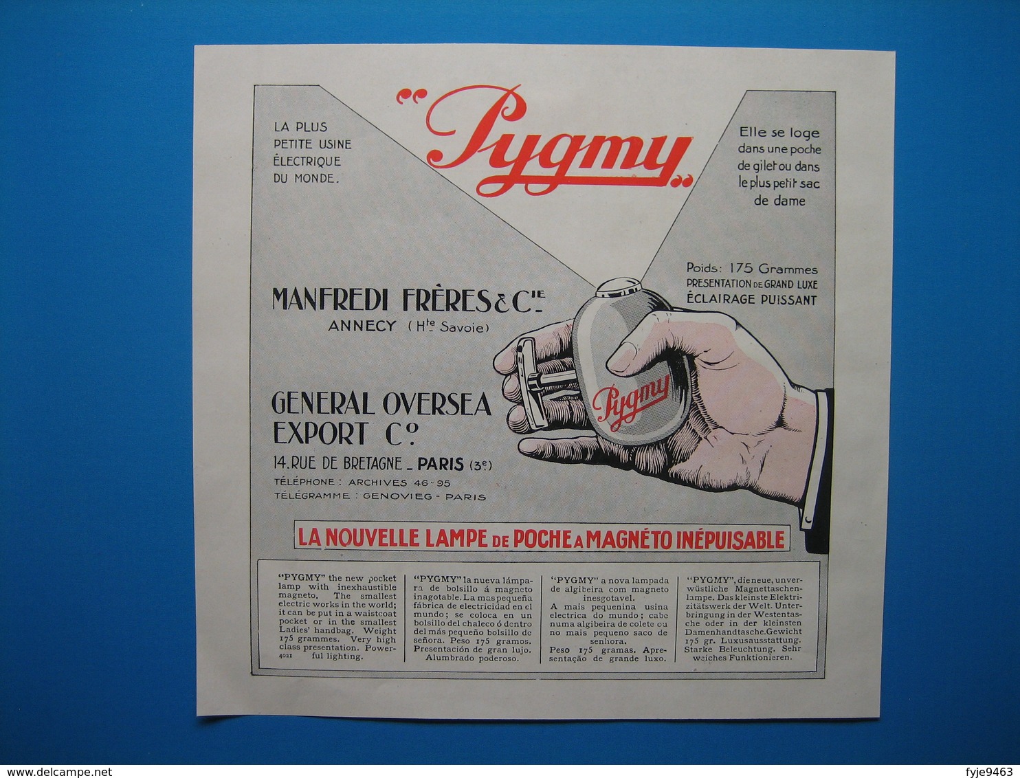 (1936) Lampe De Poche " PYGMY "  - Manfredi Frères & Cie à Annecy (Haute-Savoie) - Publicités