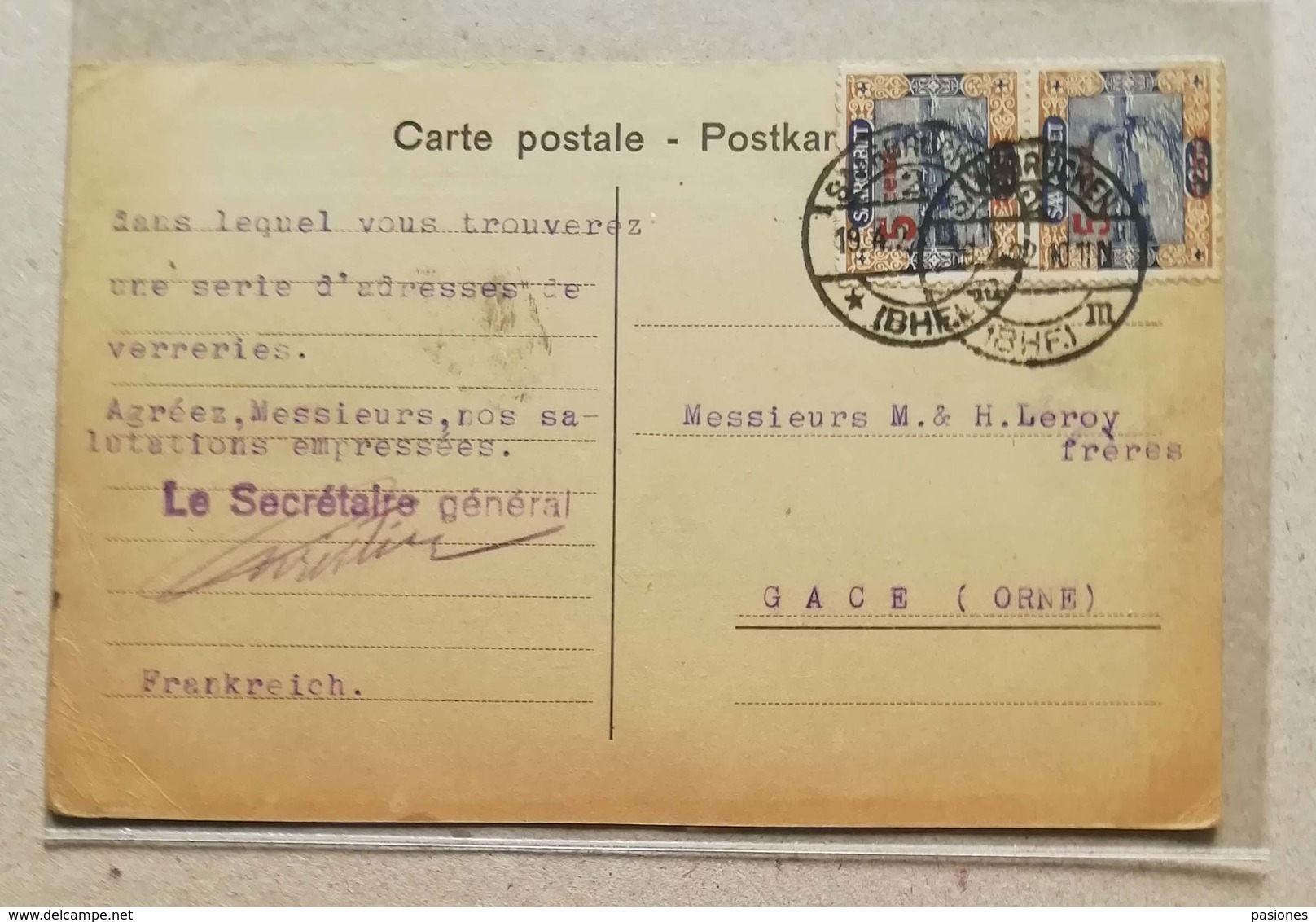 Cartolina Postale Sarre Francese Per Gace (Orne) - 19/04/1922 Affrancata Con Coppia Da 5cent. Sovrastampata Su 25cent. - Storia Postale