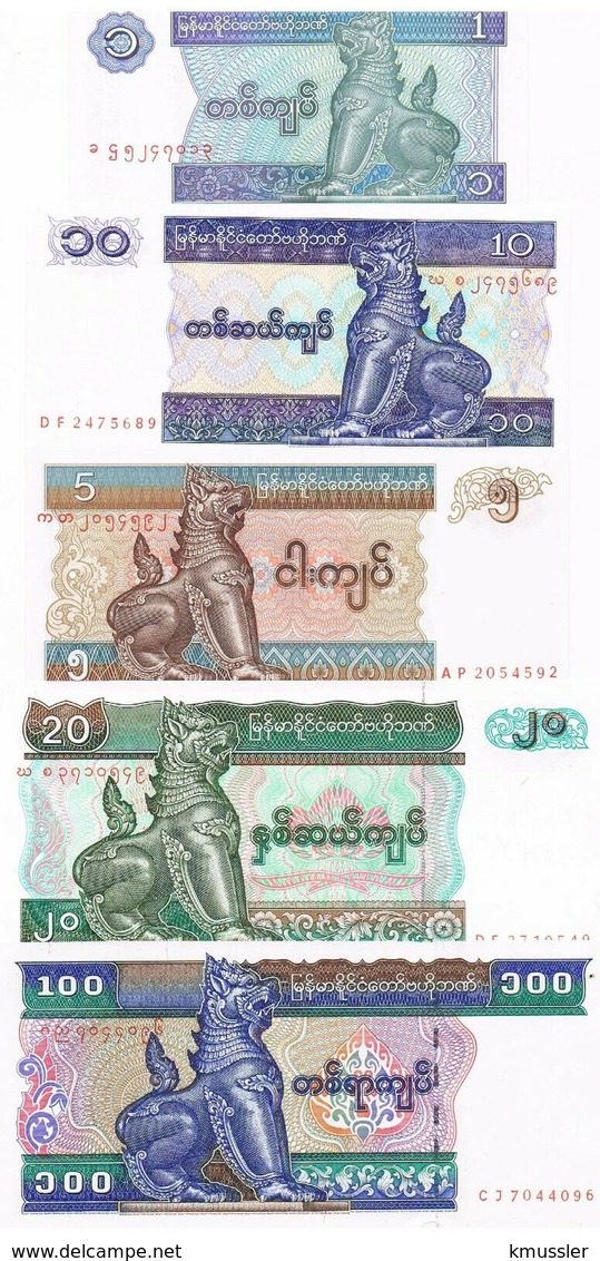 # # # Satz 5 Banknoten Myanmar 5 Bis 100 Kyats UNC # # # - Myanmar
