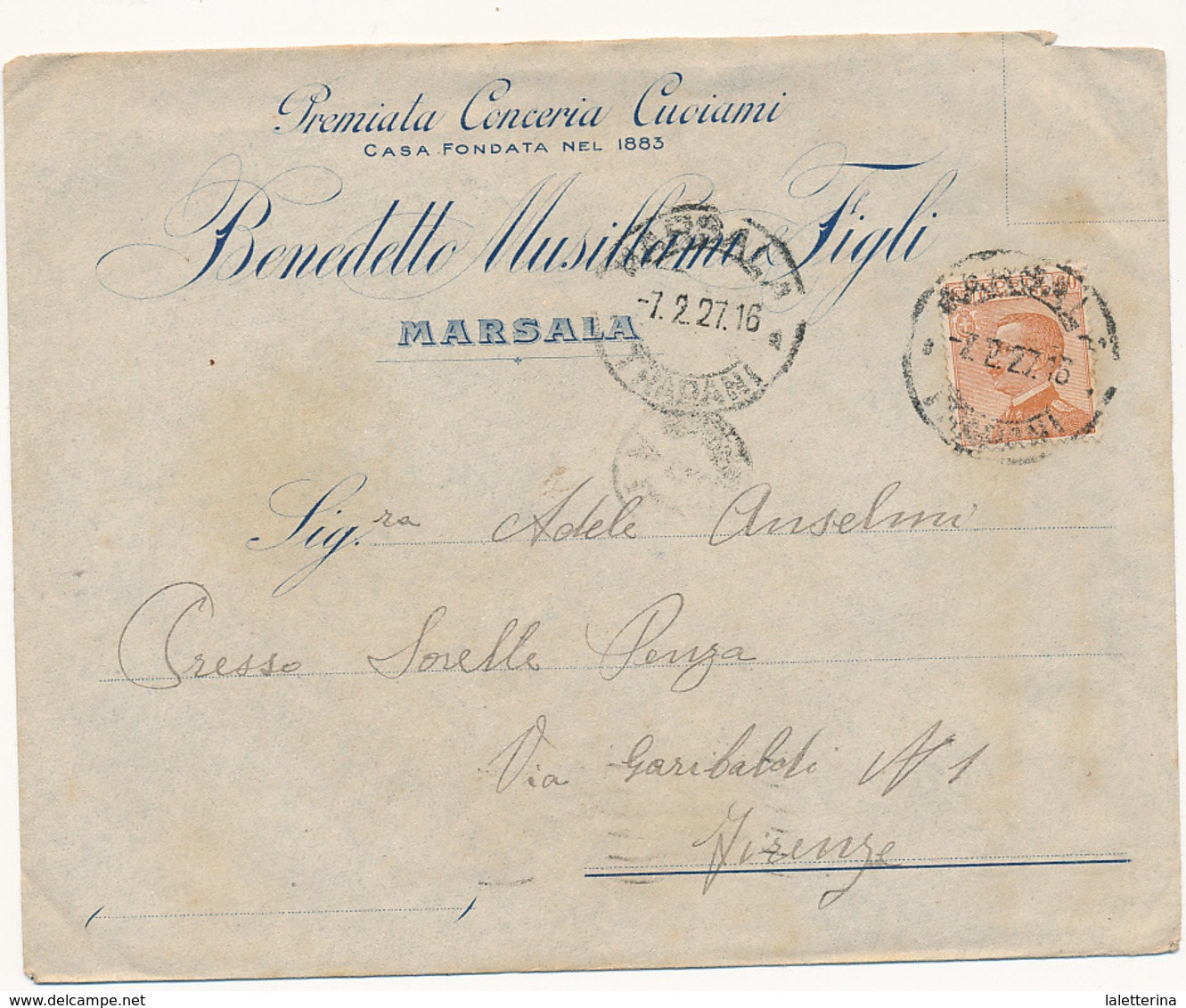 1927 MARSALA DC + PREMIATA CONCERIA CUCIRINI - Storia Postale