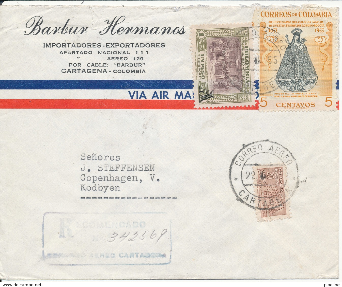 Colombia Registered Air Mail Cover Sent To Denmark 22-11-1955 (there Is A Tear At The Top Of The Cover) - Colombia