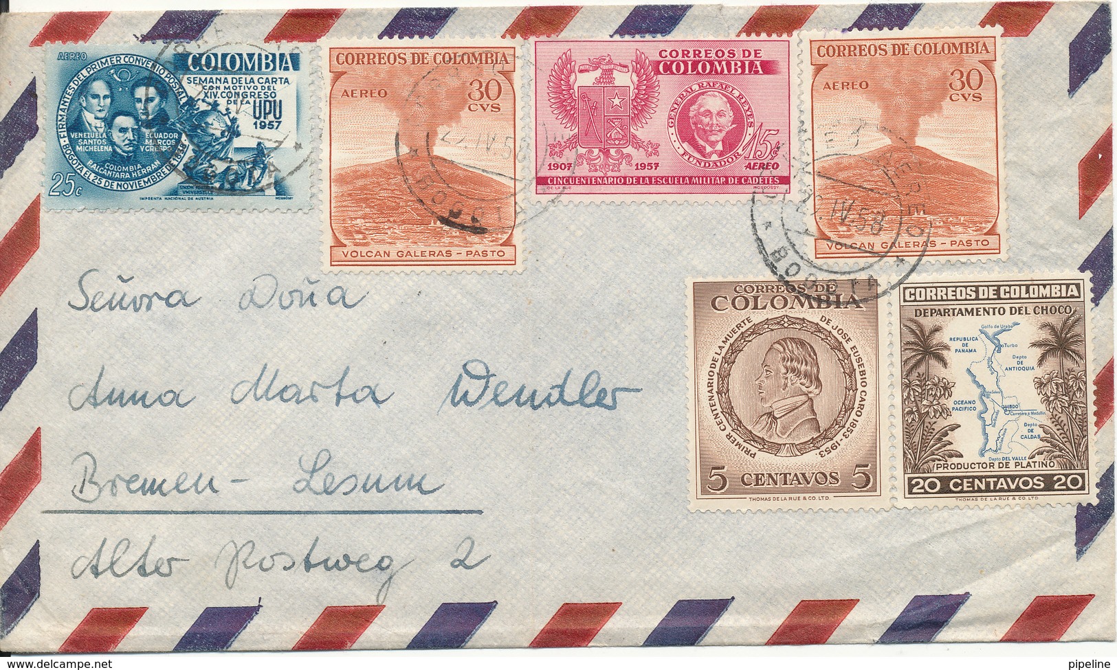 Colombia Air Mail Cover Sent To Germany 20-4-1958 With More Topic Stamps Incl. MAP (bended Cover) - Colombia