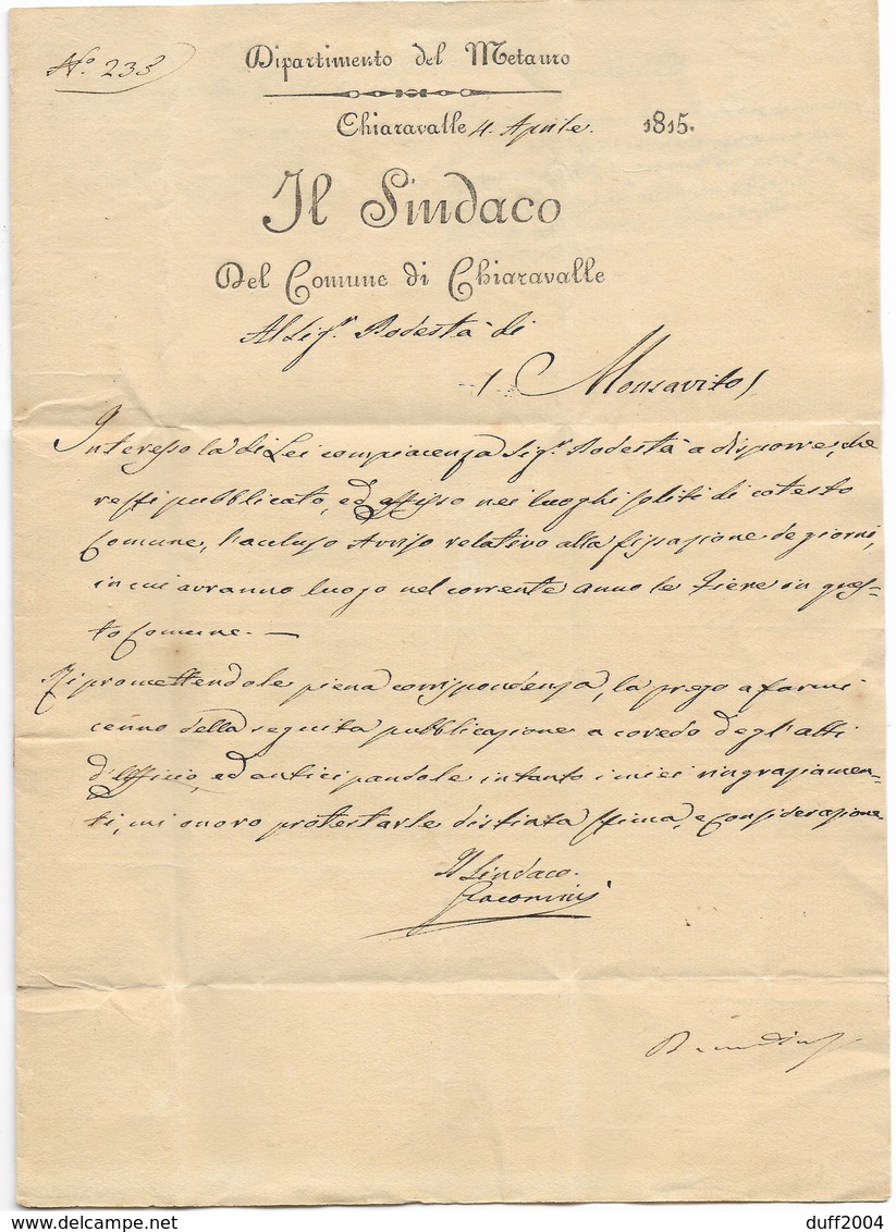 GOVERNO PROVVISORIO DI MURAT - DA CHIARAVALLE A MONTES.VITO - 4.4.1814. - ...-1850 Voorfilatelie