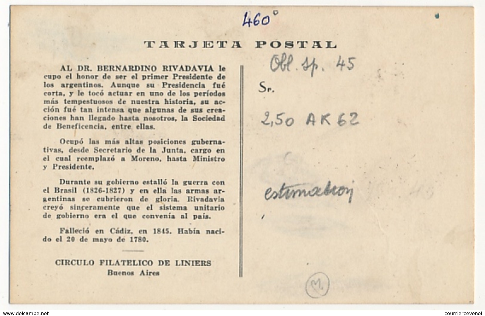 ARGENTINE - Carte Maximum - 5c - AL. DR. BERNARDINO RIVADAVIA - 1945 - Brieven En Documenten