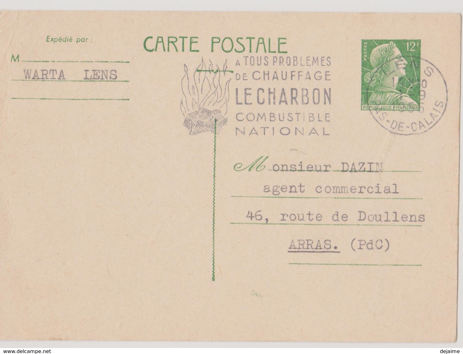 FRANCE 1956 Entier Postal Lens Pour Arras 1-9-1956 Repiquage Marianne De Muller N°YT 1010 - Standaardpostkaarten En TSC (Voor 1995)