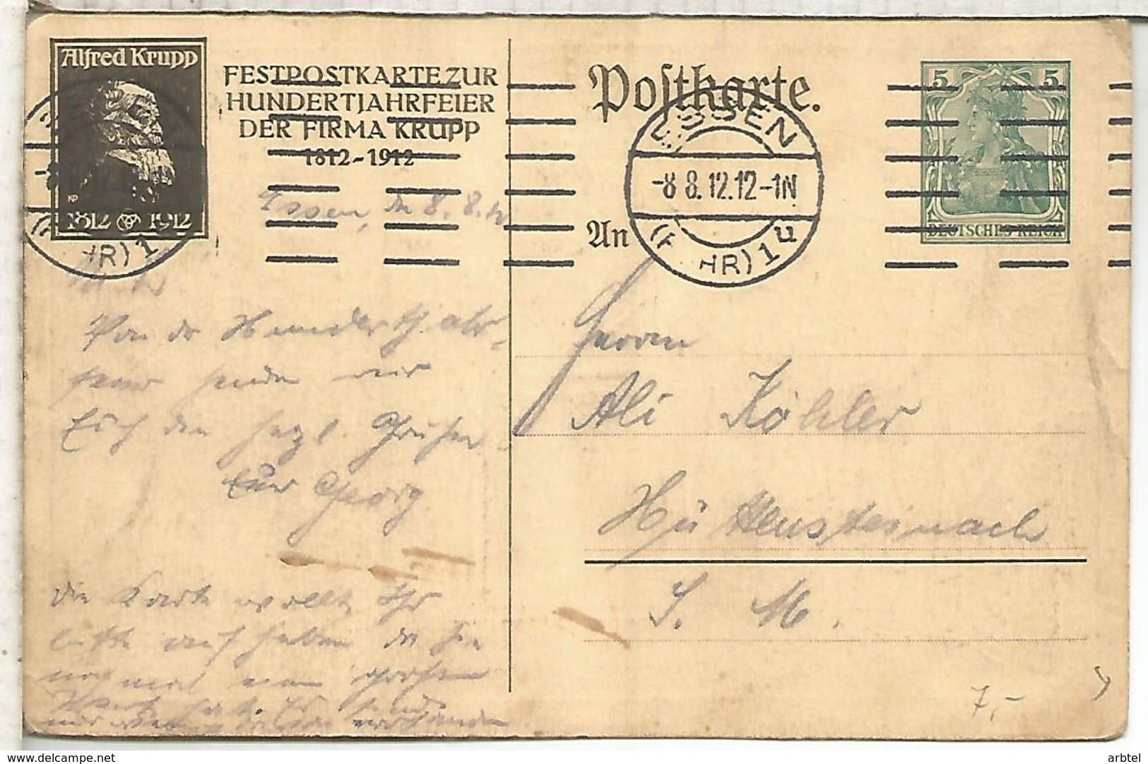 ALEMANIA ESSEN 1912 ENTERO POSTAL A KRUPP INDUSTRIA ACERO STEEL MINERIA - Minerales