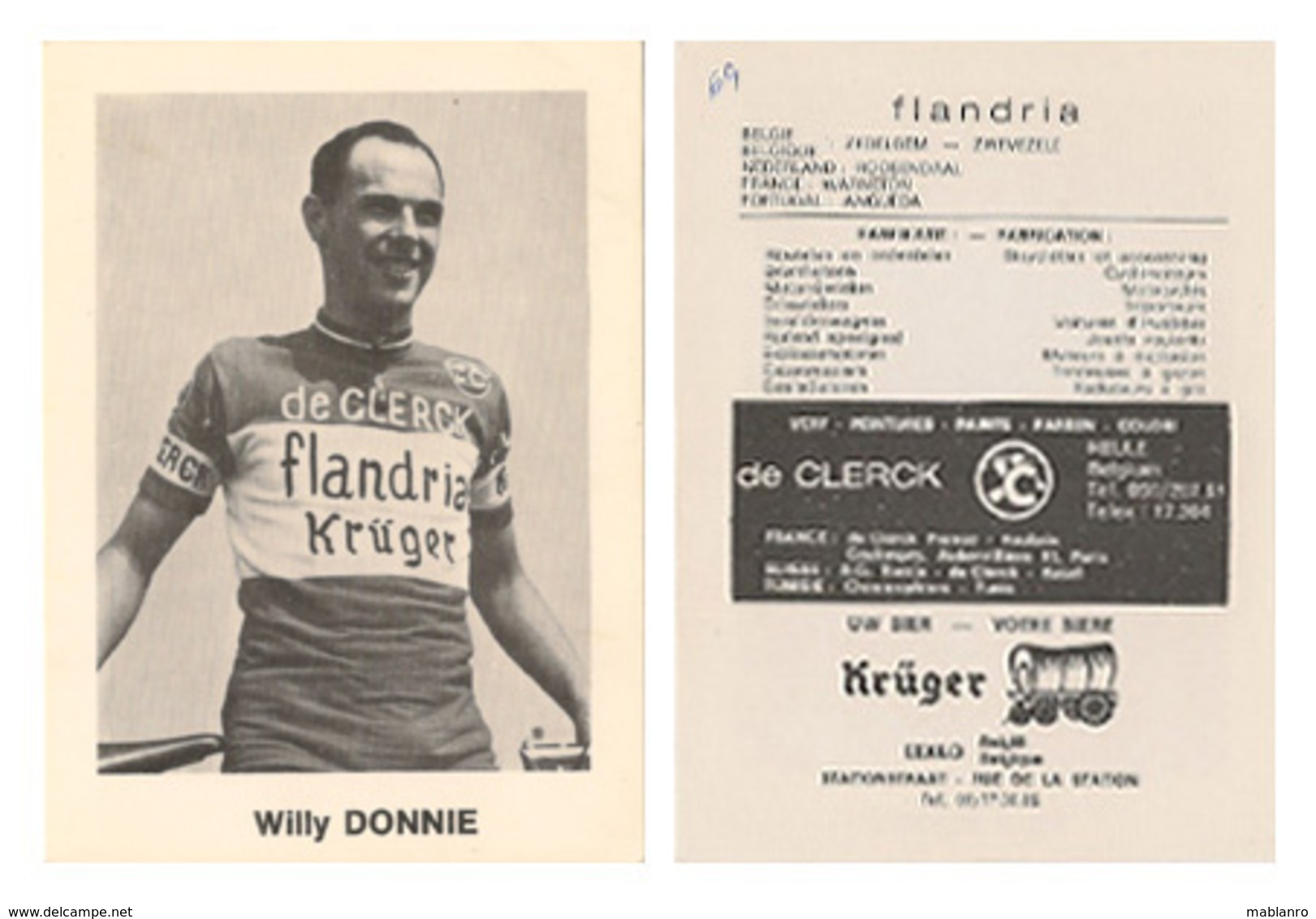 CARTE CYCLISME WILLY DONNIE TEAM FLANDRIA 1969 FORMAT 7,5 X 10 - Radsport