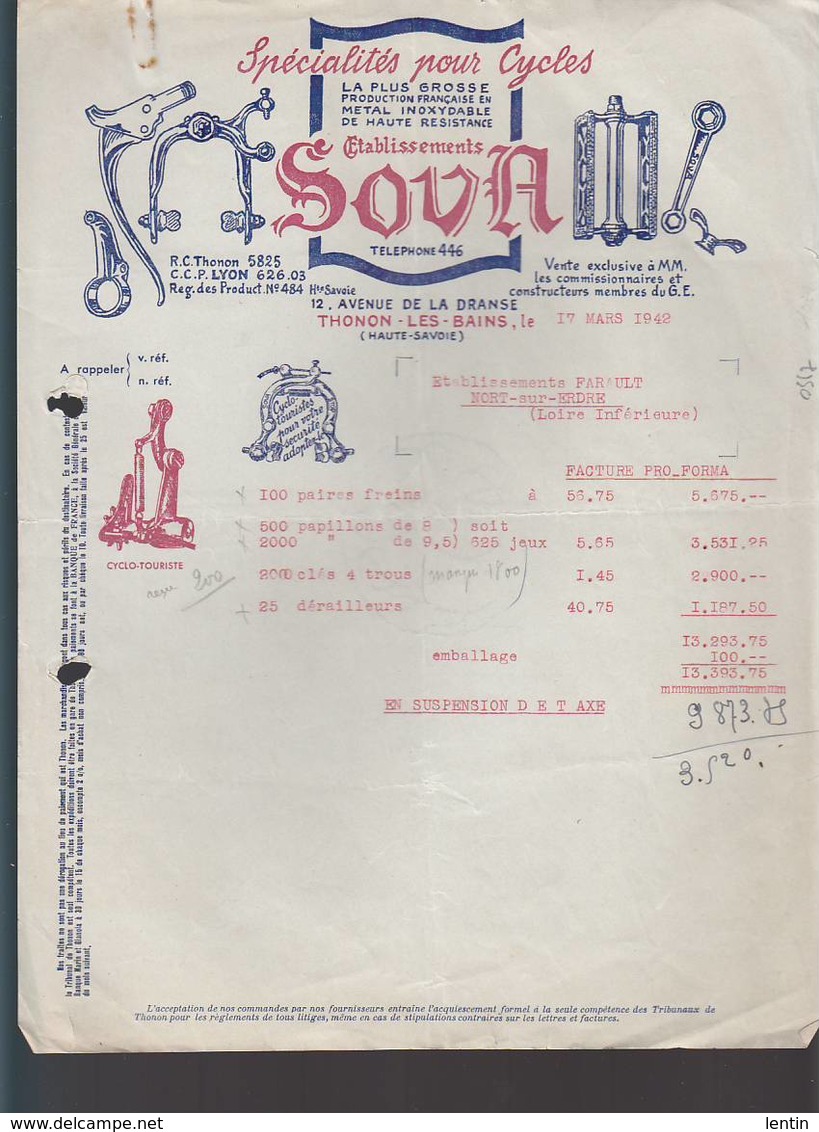 Velo Cycle / Sova, Thonon Les Bains, Freins Papillons, Derailleurs / Facture 1942 - 1900 – 1949