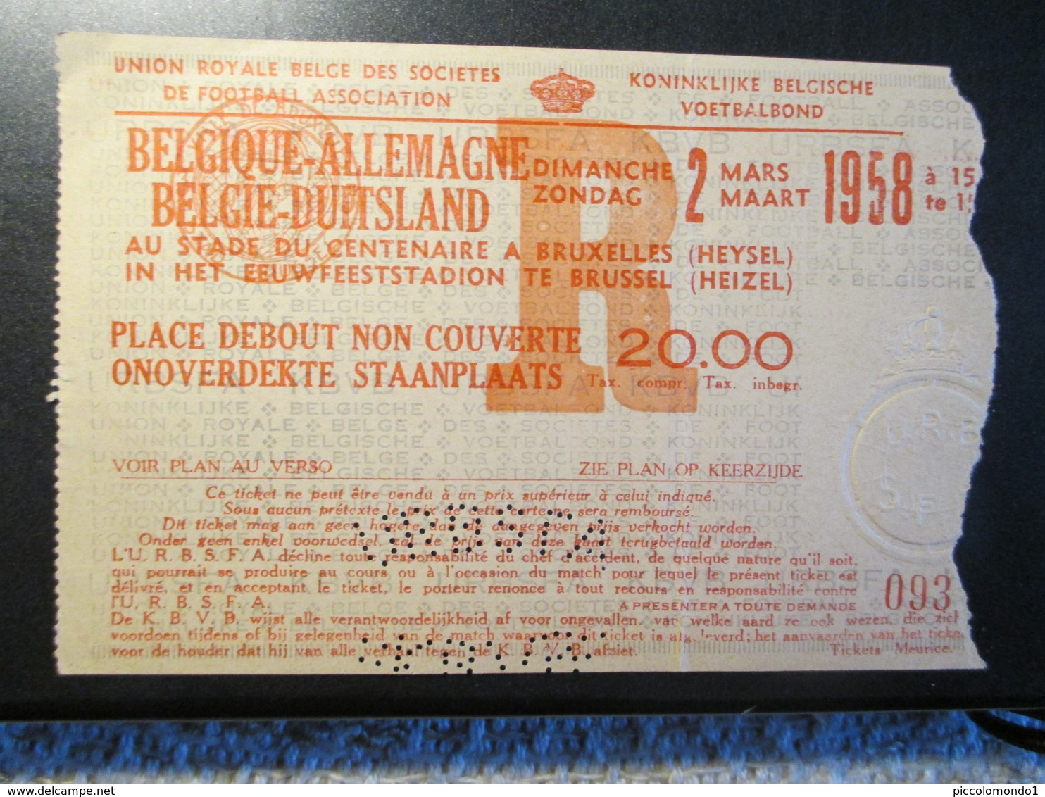 Football Belgie Duitsland 1958 Heysel Voetbal Germany - Tickets D'entrée