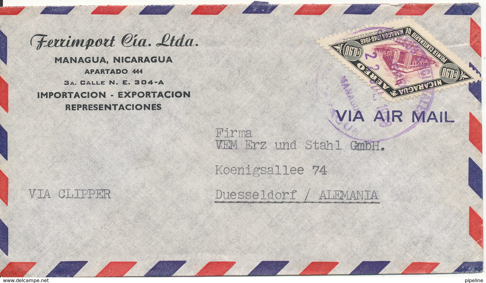 Nicaragua Air Mail Cover Sent To Germany 22-7-1958 Single Franked - Nicaragua