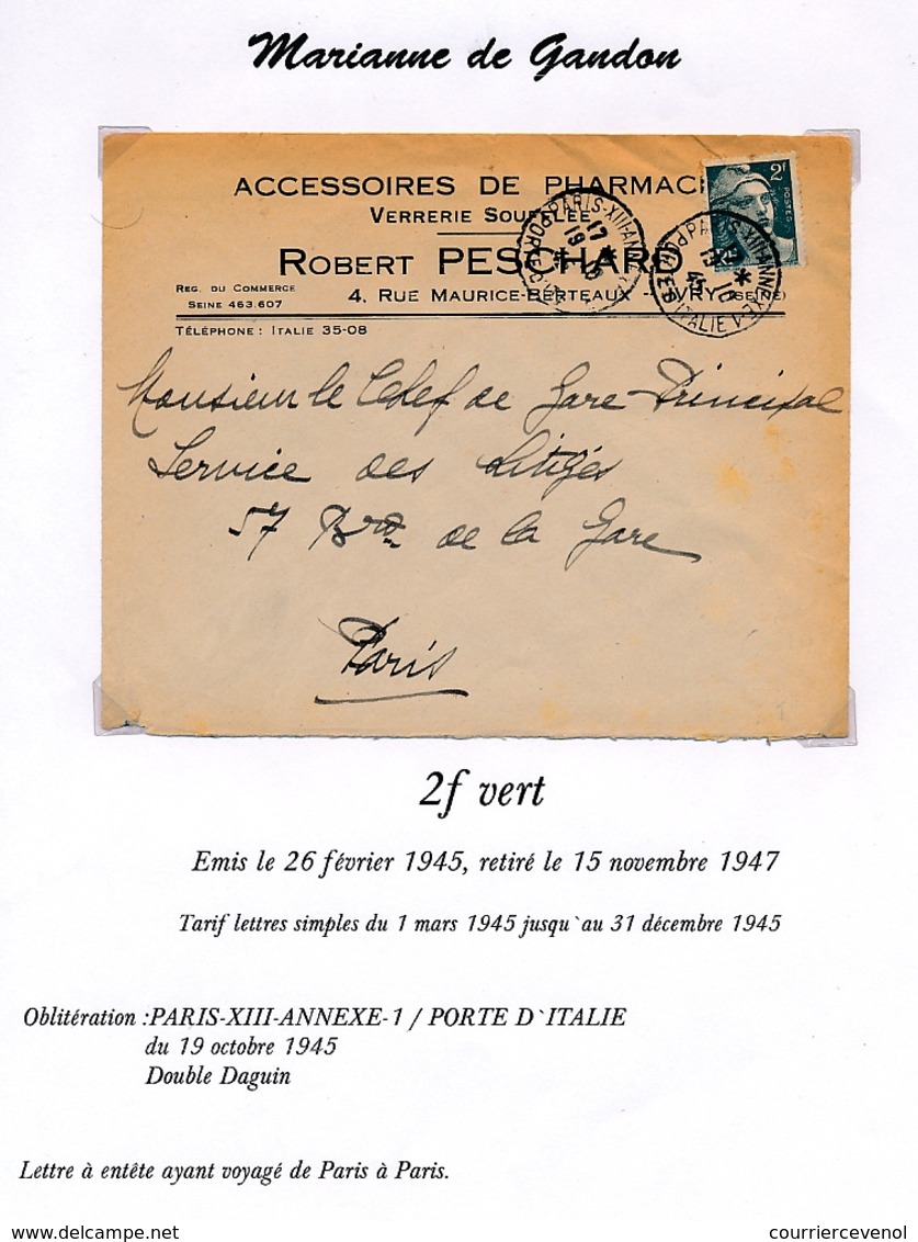 Enveloppe En-Tête "Accessoires De Pharmacie Verrerie Soufflée PESCHARD" - Affr 2F Gandon - IVRY (Seine) 19/10/1944 - Andere & Zonder Classificatie