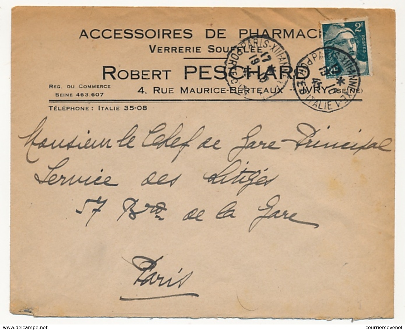 Enveloppe En-Tête "Accessoires De Pharmacie Verrerie Soufflée PESCHARD" - Affr 2F Gandon - IVRY (Seine) 19/10/1944 - Autres & Non Classés