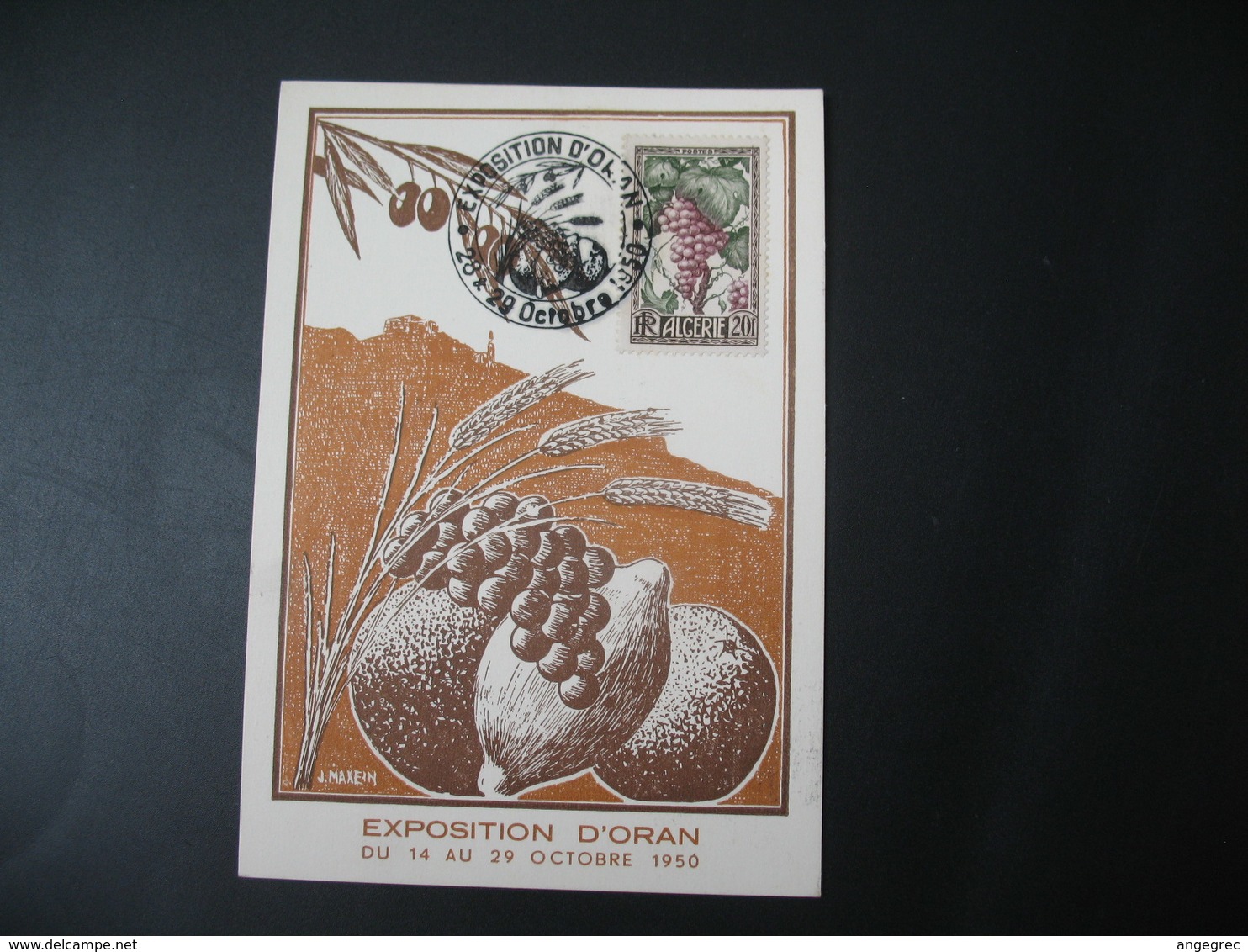 Carte Maximum  Algérie 1950  Exposition D'Oran Fruits Raisins Agrumes  + Vignette De L' Exposition D'Oran Au Dos - Cartoline Maximum