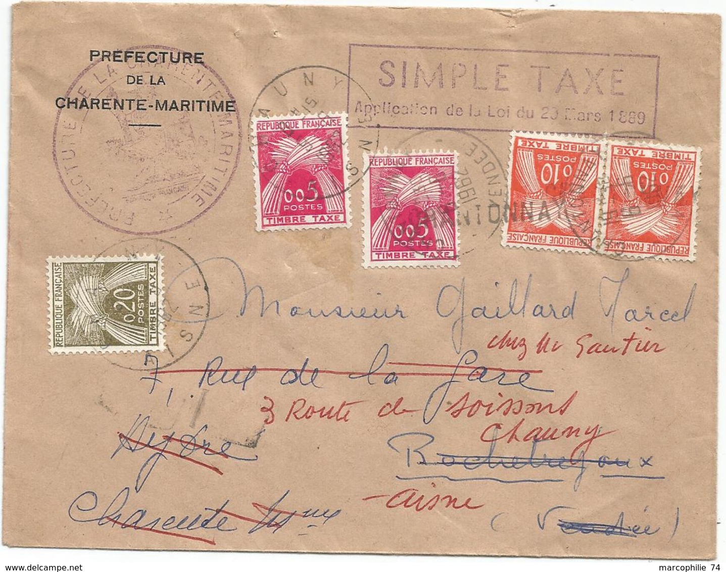 TAXE 20C CHAUNY AISNE 19625 LETTRE SIMPLE TAXE REEXP TAXE 5CX2+10CX2 GRIFFE CHANTONNAY + VERSO CP N° 2 VENDEE - 1859-1959 Storia Postale