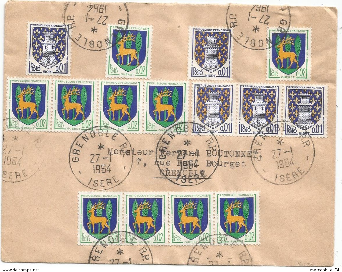 BLASON 1CX5+2CX10 LETTRE GRENOBLE 27.1.1964 ISERE - 1941-66 Stemmi E Stendardi