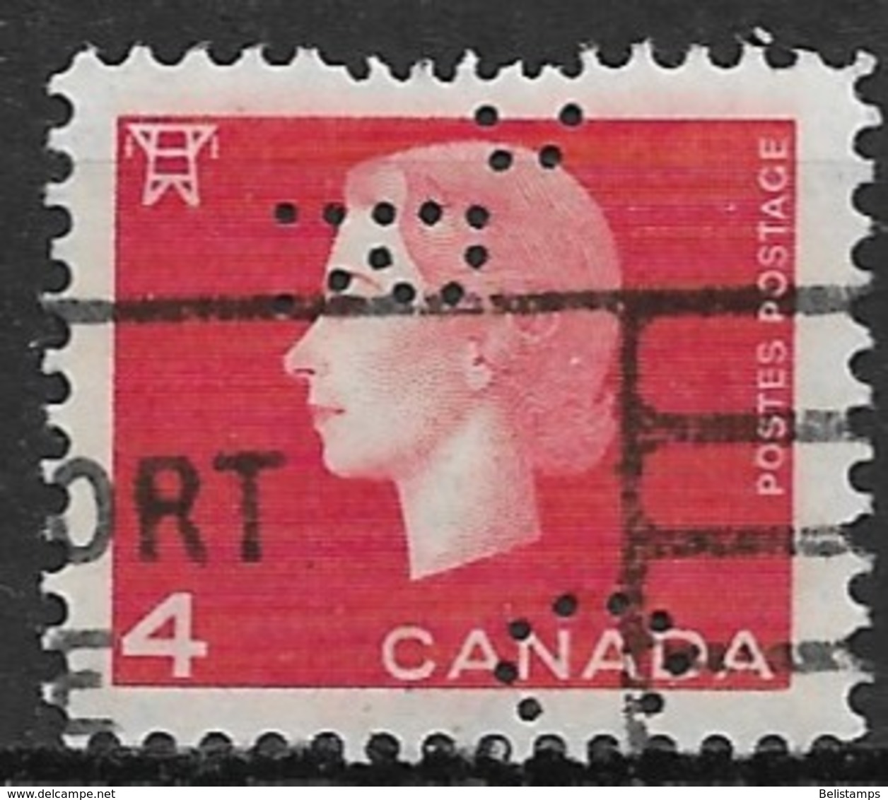 Canada 1963. Scott #404 Perf (U) Queen Elizabeth II And Electric High Tension Tower, C R - Perfin