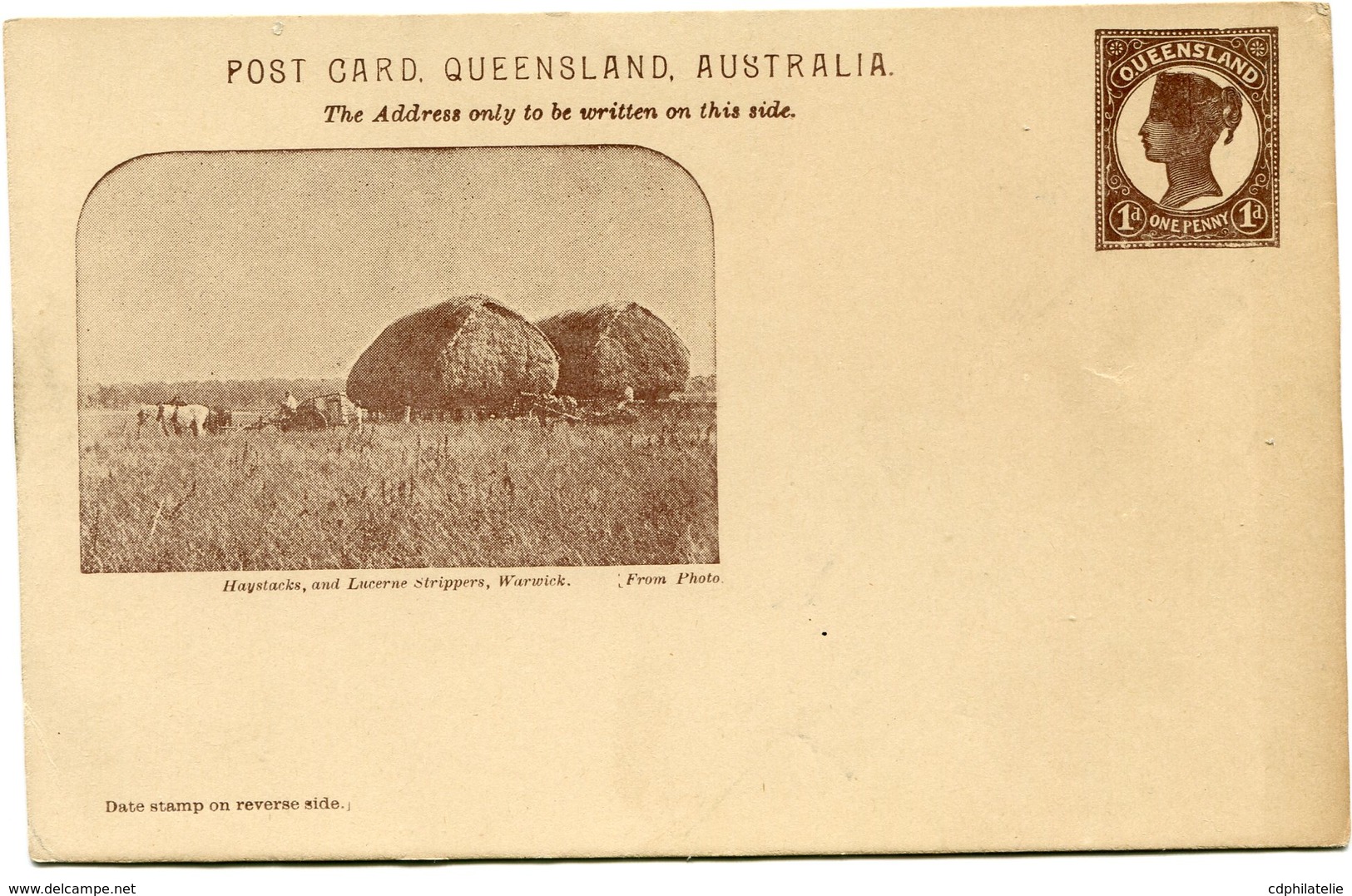 AUSTRALIE ENTIER POSTAL NEUF ILLUSTRATION HAYSTACKS AND LUCERNE STRIPPERS WARWICK (POST CARD QUEENSLAND AUSTRALIA) - Postal Stationery