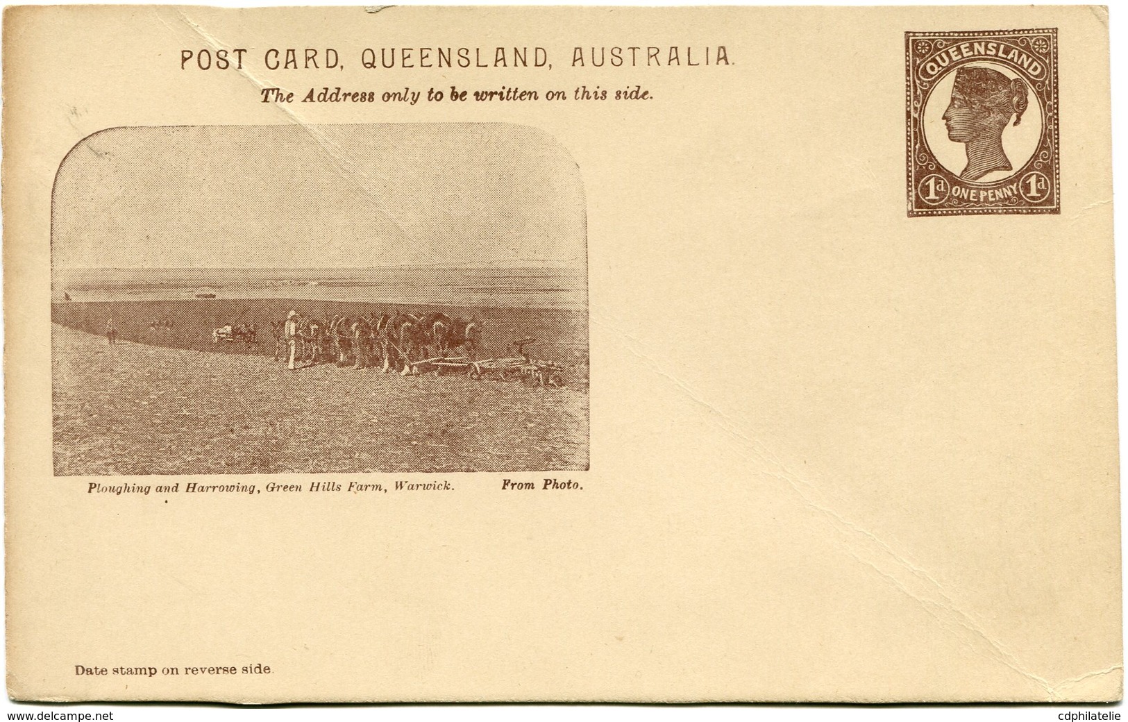 AUSTRALIE ENTIER POSTAL NEUF ILLUSTRATION PLOUGHING AND HARROWING GREEN HILLS FARM..... (POST CARD QUEENSLAND AUSTRALIA) - Postwaardestukken