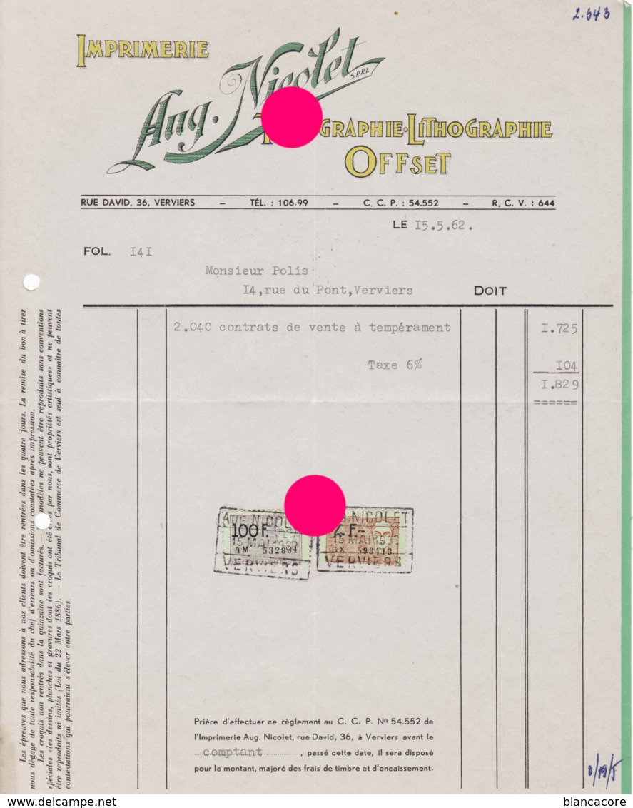 Verviers Rue David 1962  Imprimerie Aug. NICOLET - Imprenta & Papelería