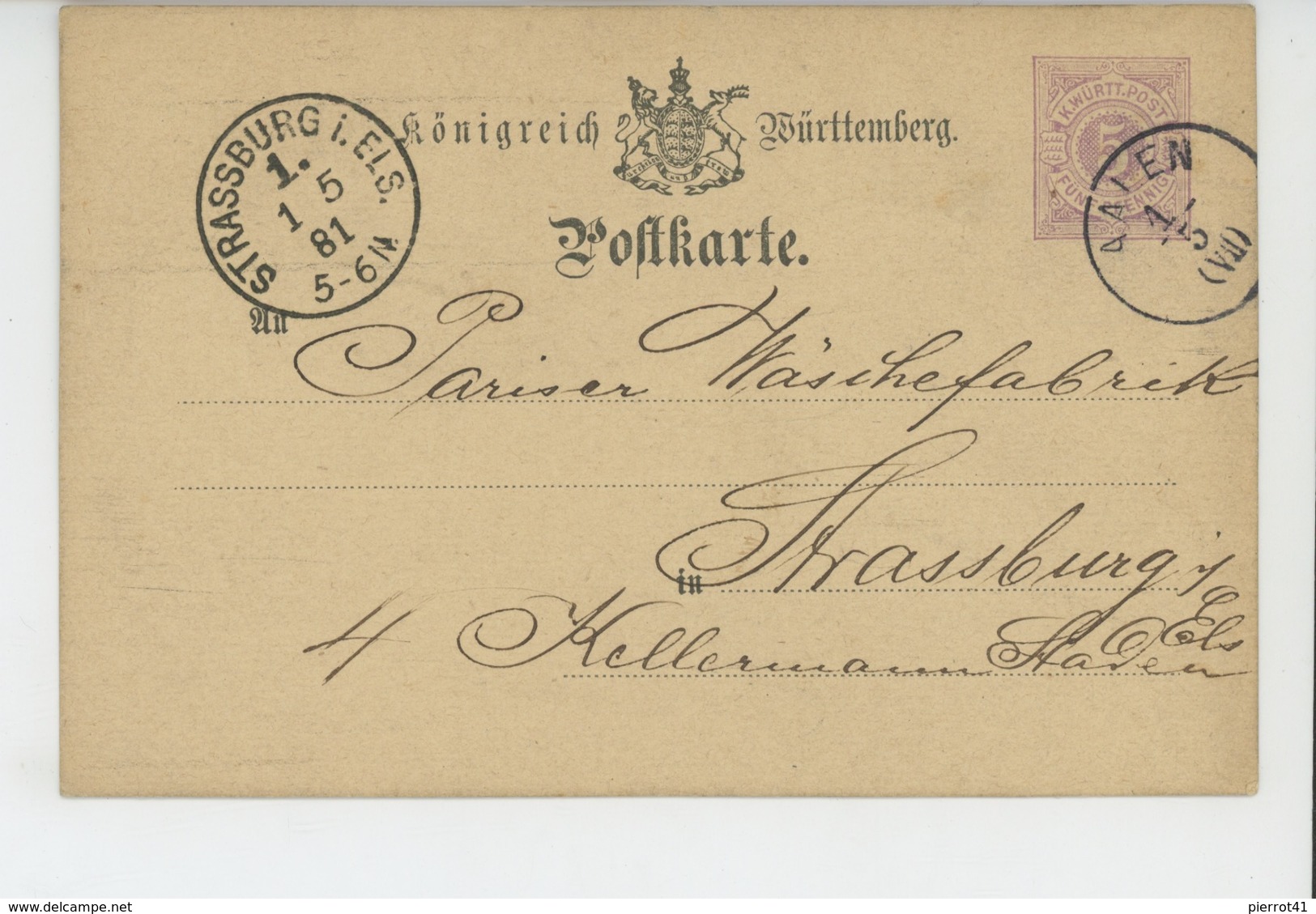 TIMBRES - ALLEMAGNE - KÖNIGREICH WÜRTTEMBERG POSTKARTE - Carte Postale écrite à WIEN En 1881 Pour STRASSBURG I. Els - Autres & Non Classés