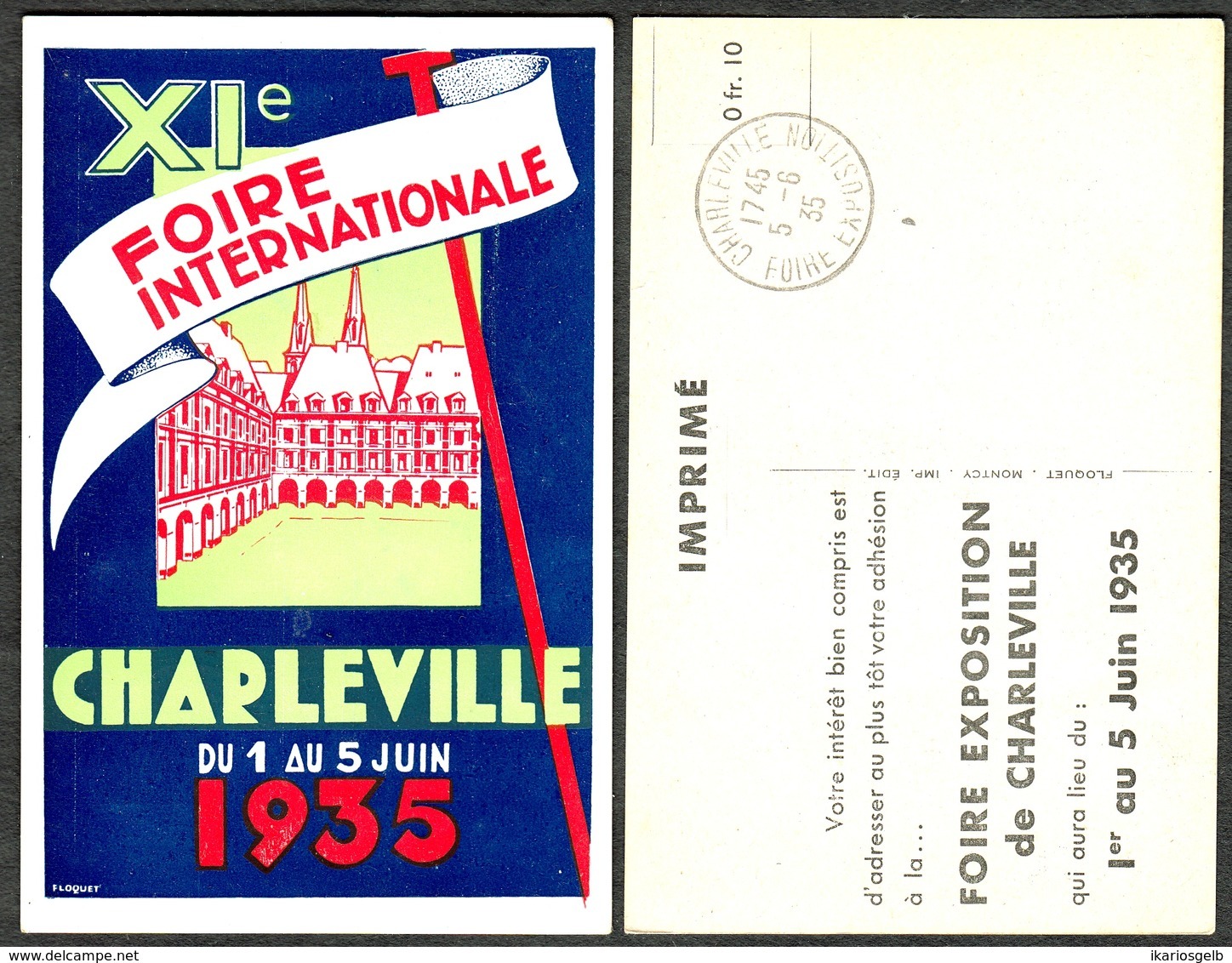 CHARLEVILLE 1935  ( Ardennes ) " XIe Foire International 1-5 Juin 1935 " Carte Artisan Floquet - Charleville