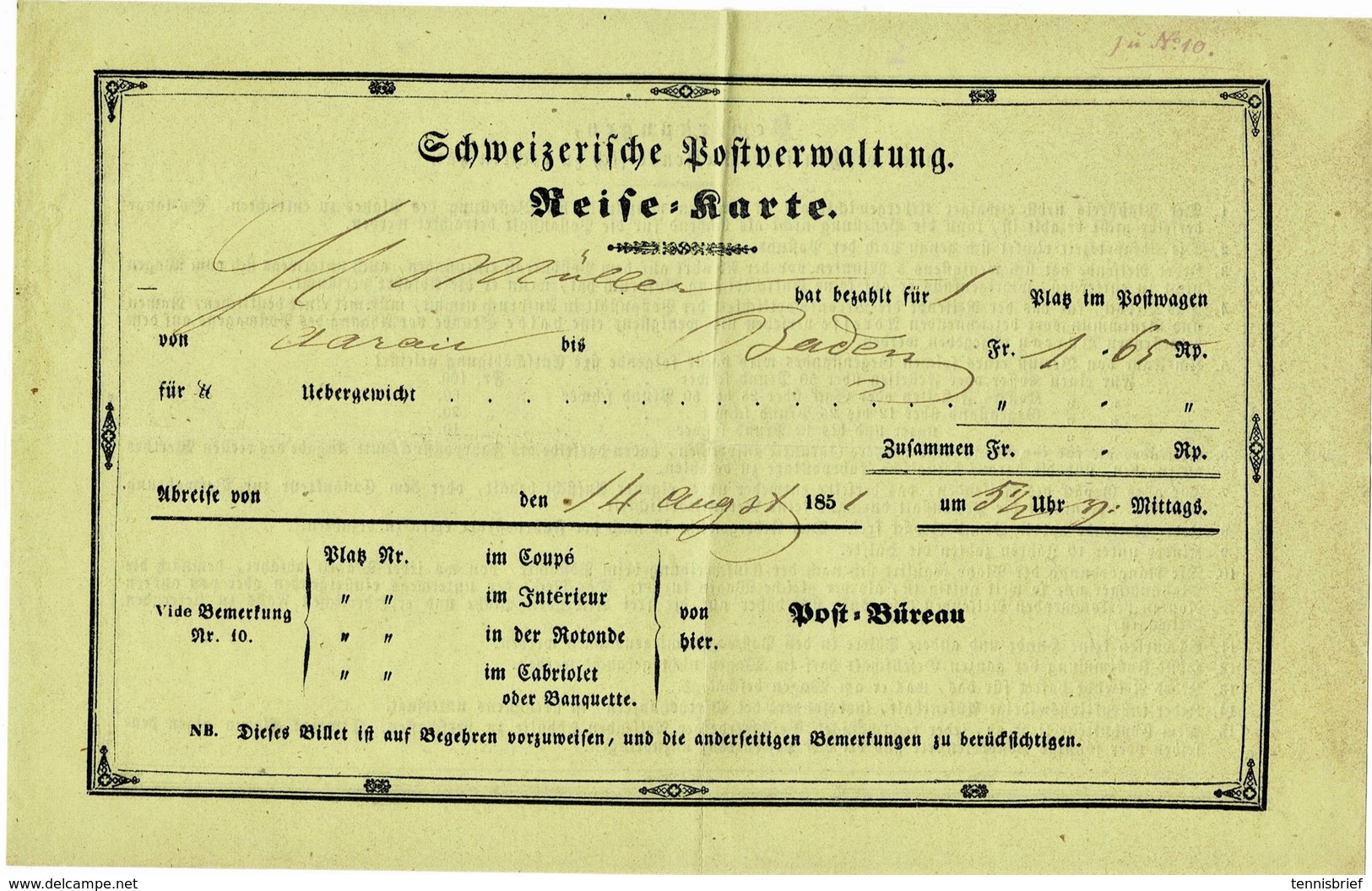 1851, Reiseschein " Aarau " , A3046 - ...-1845 Vorphilatelie