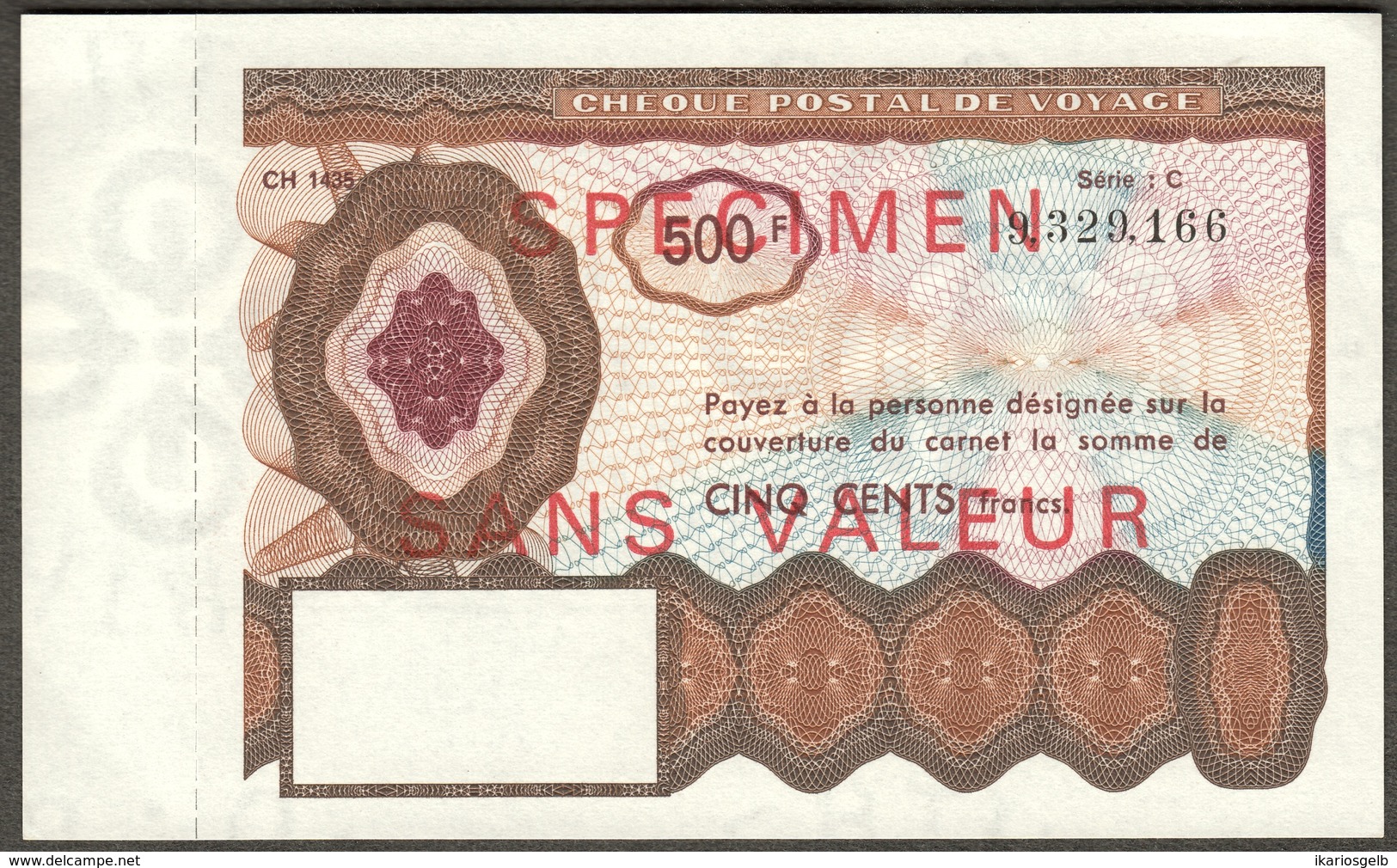 Cheque Postal De Voyage ( Reisescheck Traveller Check ) France 500 Fr Specimen - Fictifs & Spécimens