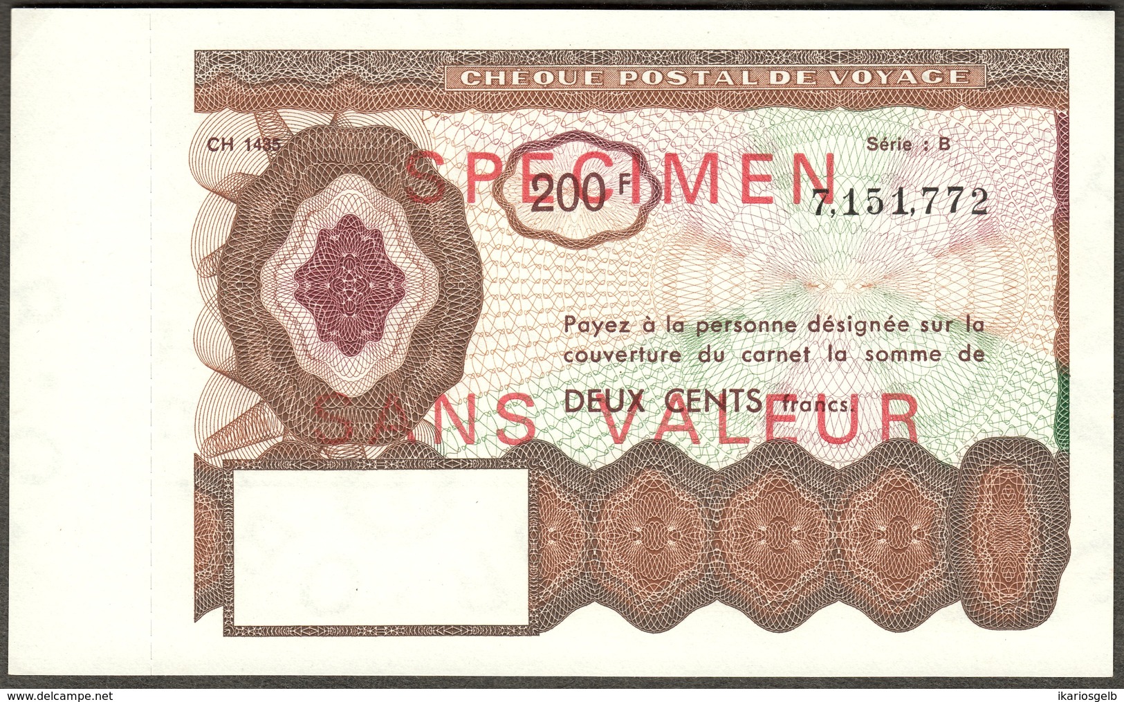 Cheque Postal De Voyage ( Reisescheck Traveller Check ) France 200 Fr Specimen - Fictifs & Spécimens