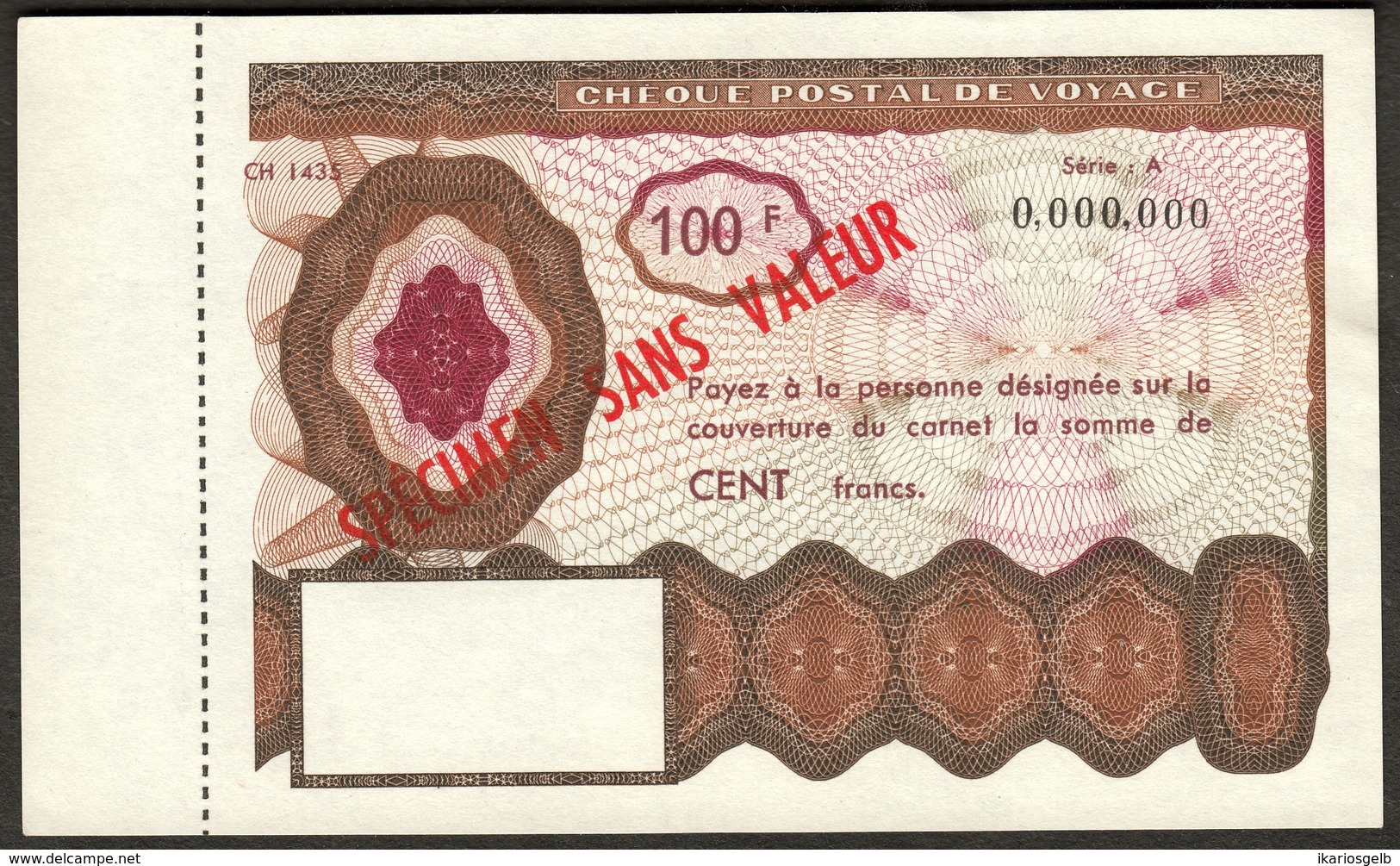 Cheque Postal De Voyage ( Reisescheck Traveller Check ) France 100 Fr Specimen - Fictifs & Spécimens