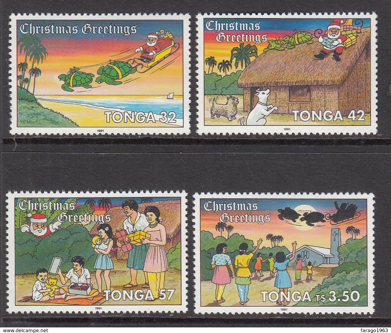 1991 Tonga Christmas Noel Turtles Complete Set Of 4 MNH - Tonga (1970-...)