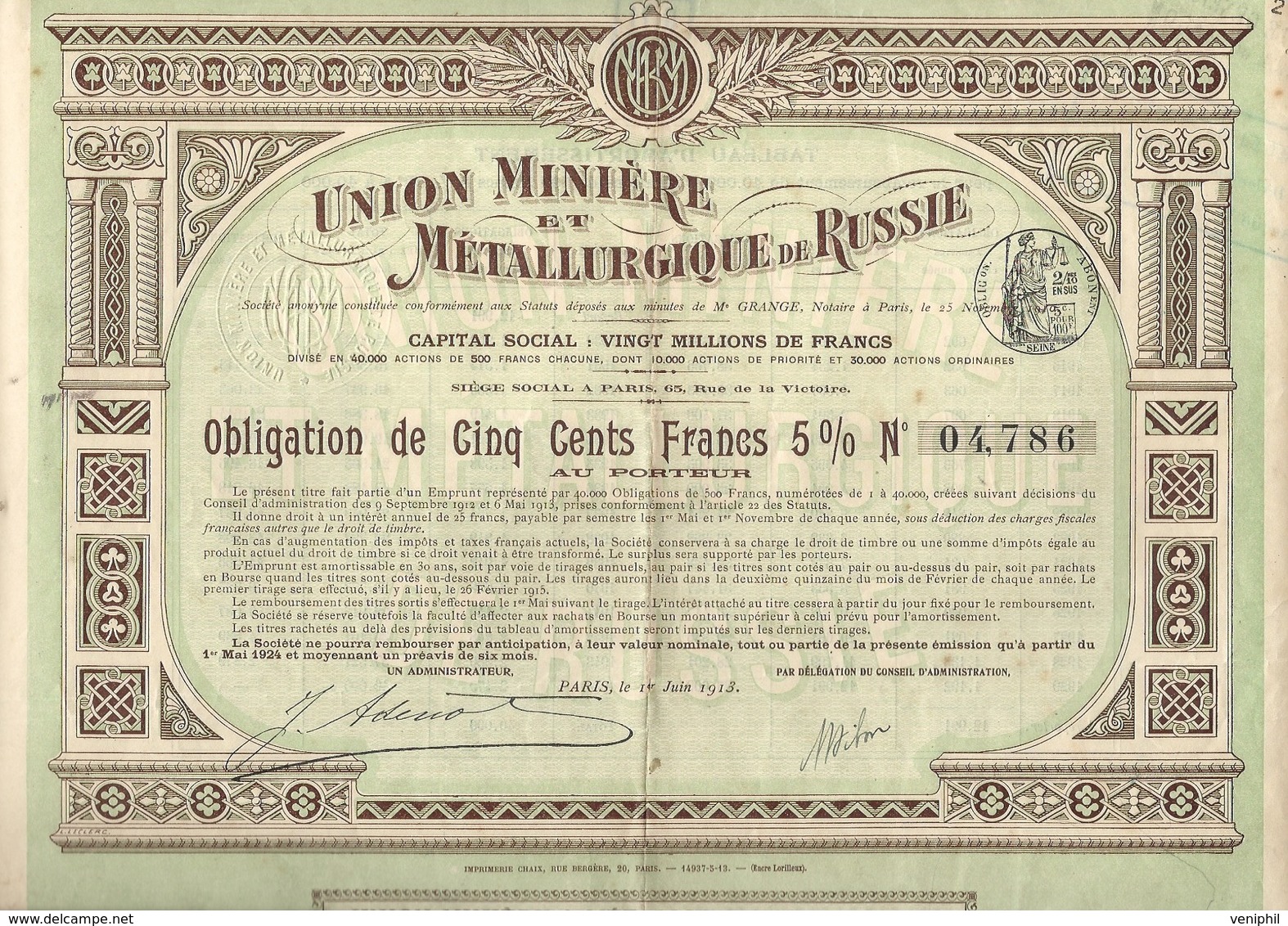 UNION MINIERE ET METALLURGIQUE DE RUSSIE-OBLIGATION DE 500 FRS 5% - ANNEE 1913 - Industrial