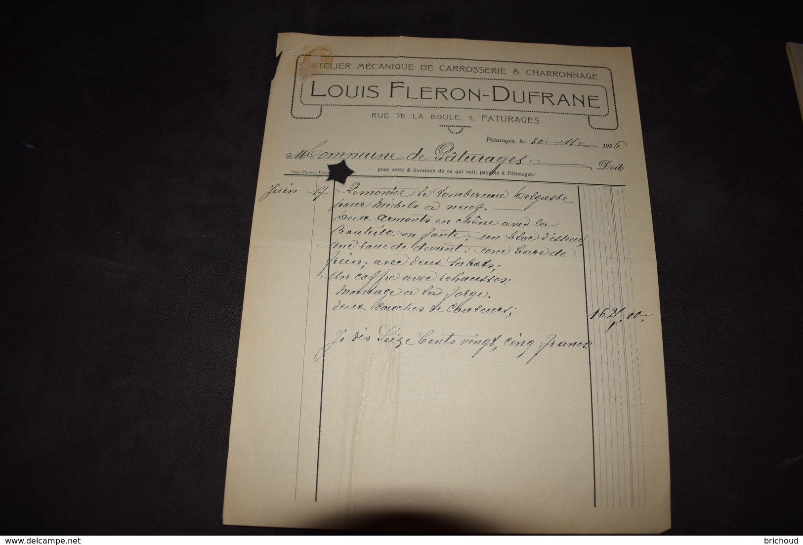 Facture Louis Fleron - Dufrane Atelier Mécanique De Carrosserie Et Charronnage Paturages 1926 - Automobil