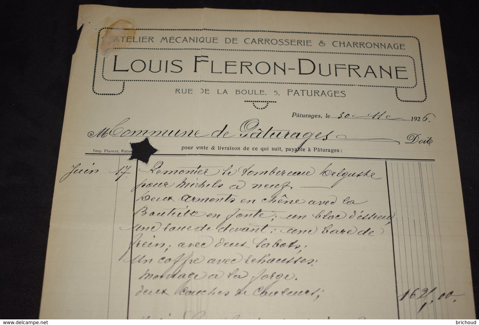 Facture Louis Fleron - Dufrane Atelier Mécanique De Carrosserie Et Charronnage Paturages 1926 - Automobilismo