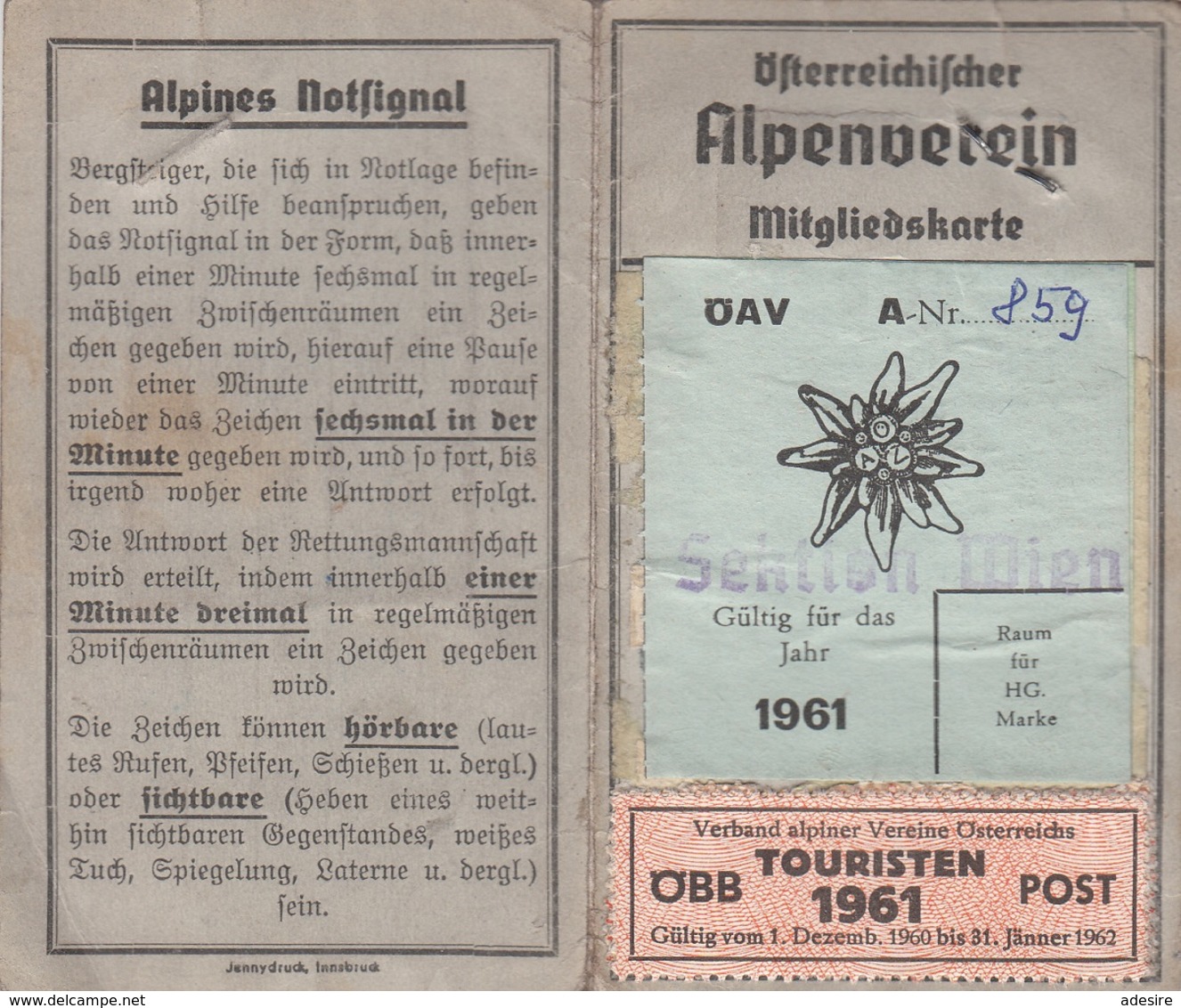 ÖSTERREICHISCHER ALPENVEREIN MITGLIEDSKARTE 1961 - Historische Dokumente