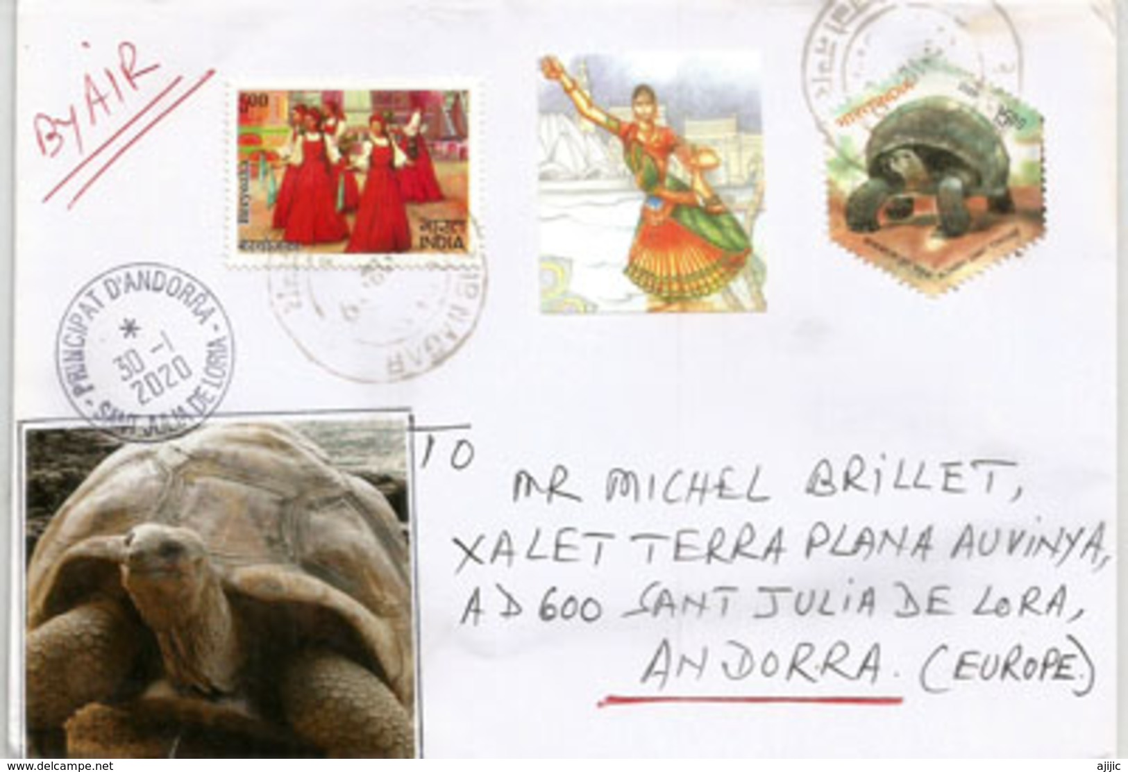 Aldabra Giant Tortoise, Letter From India, 2019,  Sent To Andorra, With Arrival Postmark - Lettres & Documents