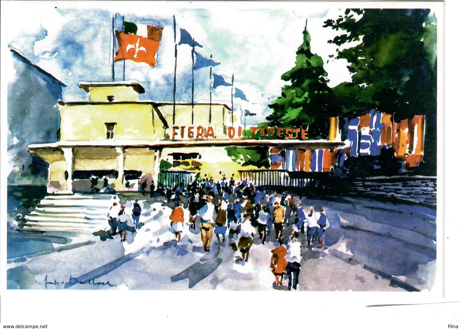 CARTOLINA UFFICIALE FIERA DI TRIESTE 1996 DISEGNO FABIO DELLACH CON FRANCOBOLLO E ANNULLO FILATELICO - Trieste