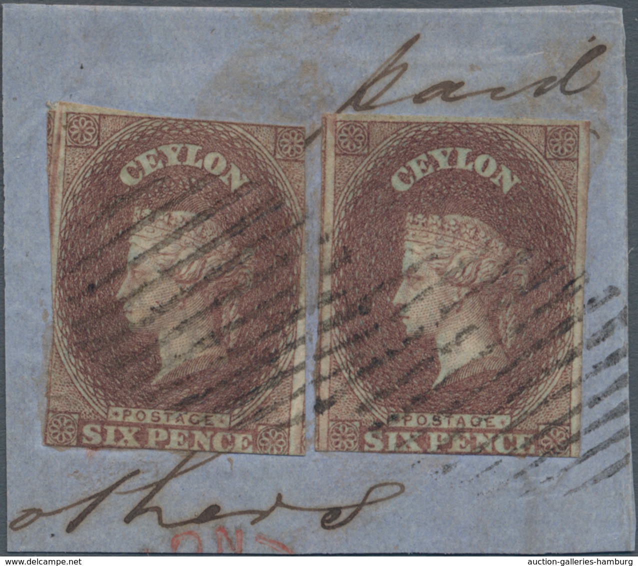 Ceylon / Sri Lanka: 1857, 6 D Purple-brown On Blued Paper, Two Singles On Piece, Each Stamp With Sli - Sri Lanka (Ceylon) (1948-...)