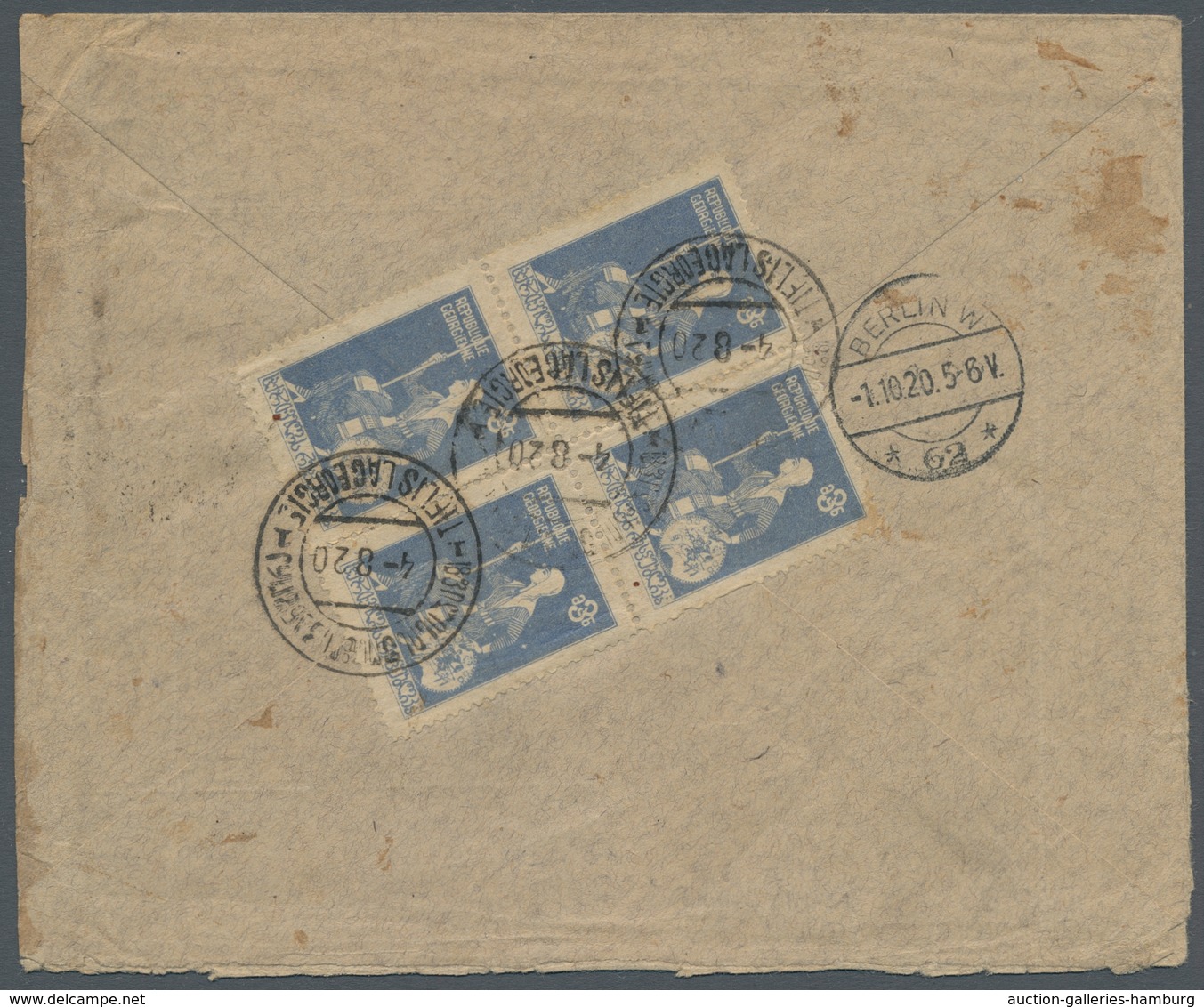 Georgien: 1920, "3 Rbl. Ultramarin", Block Of Four At The Back As Postage-rich Multiple Franking By - Georgia