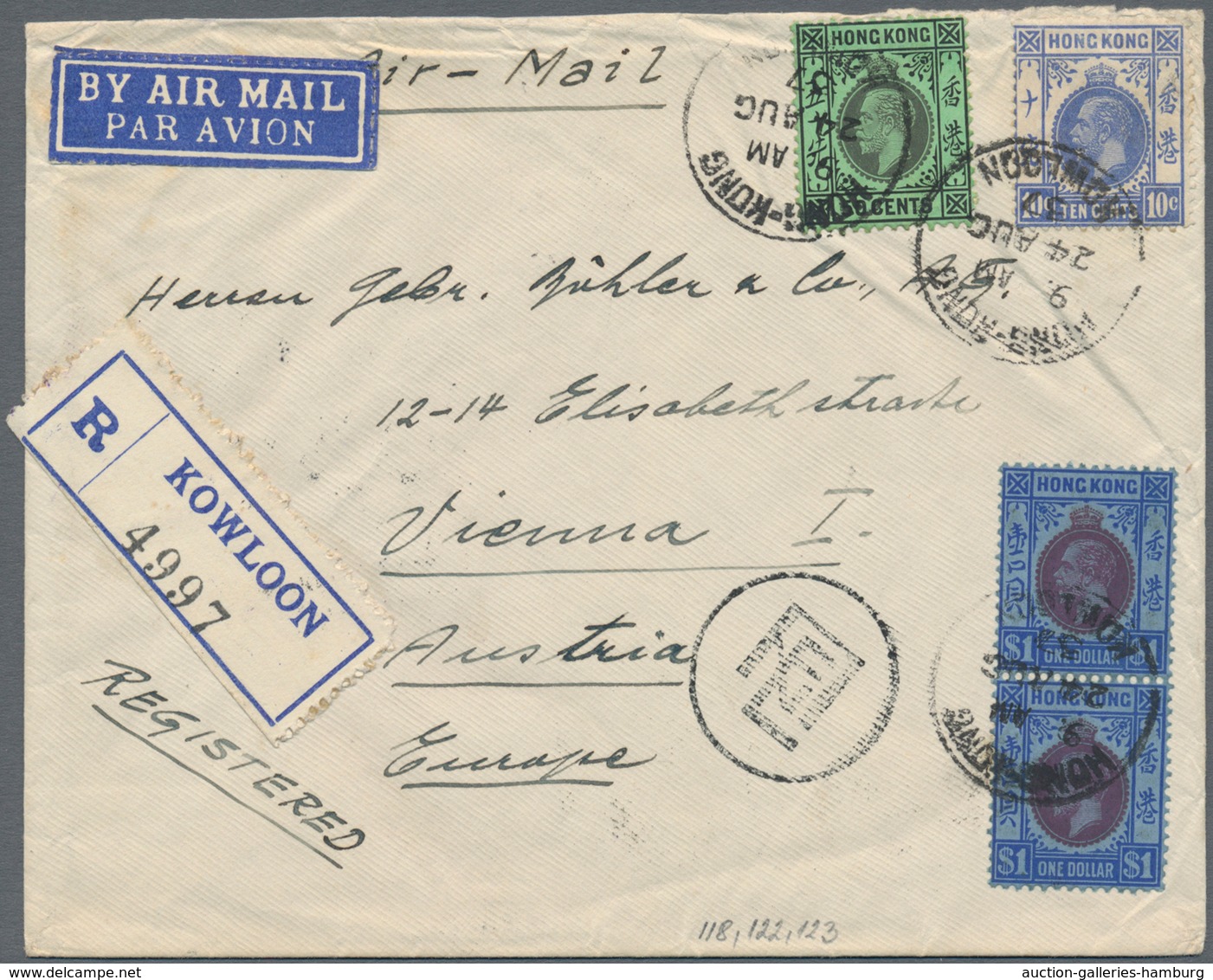 Hongkong: 1937, Registered Airmail Franked With 10,50 Cent And Vertical Pair 1 $ Georg V Sent From K - Otros & Sin Clasificación